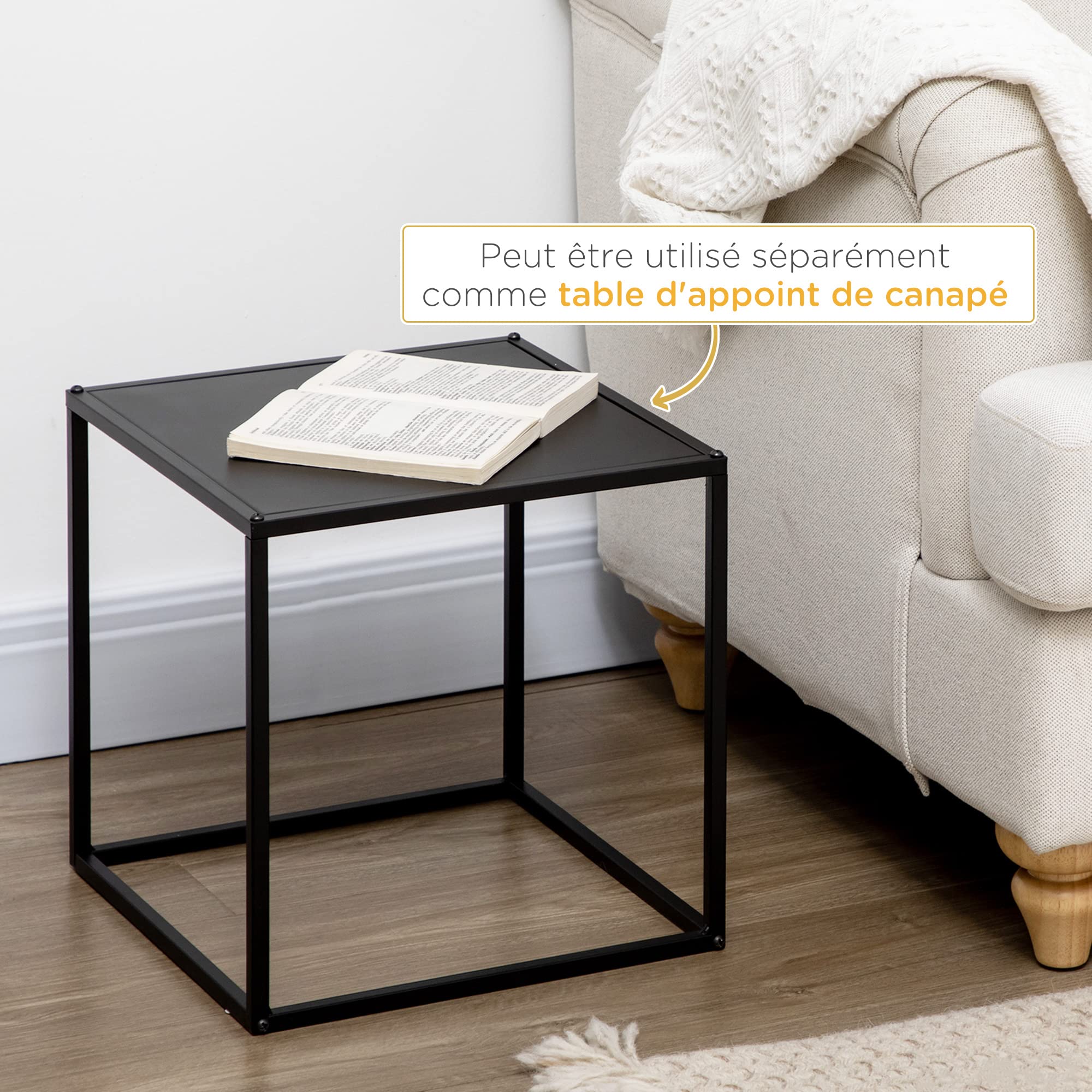 HOMCOM Lot de 2 Tables Basses gigognes, Lot de 2 Tables gigognes de Salon, modulables, en Acier, Style Industriel, Noir Mat