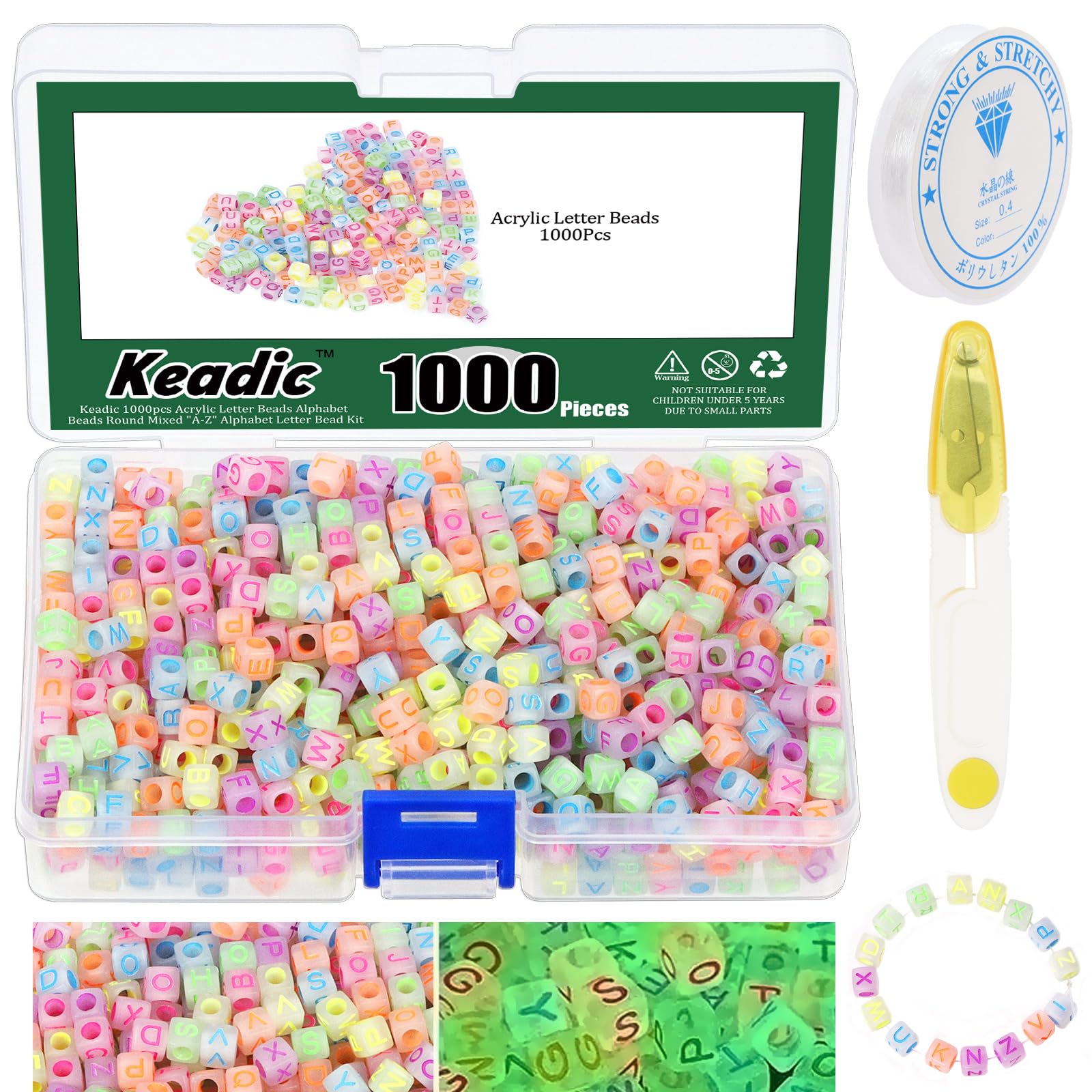 Keadic 1002Pcs Glow in The Dark Letter Beads Assortment Set, 6×6mm Square Acrylic Glow Alphabet Beads with Crystal String and Cutter for Bracelets Necklace Jewelry Making