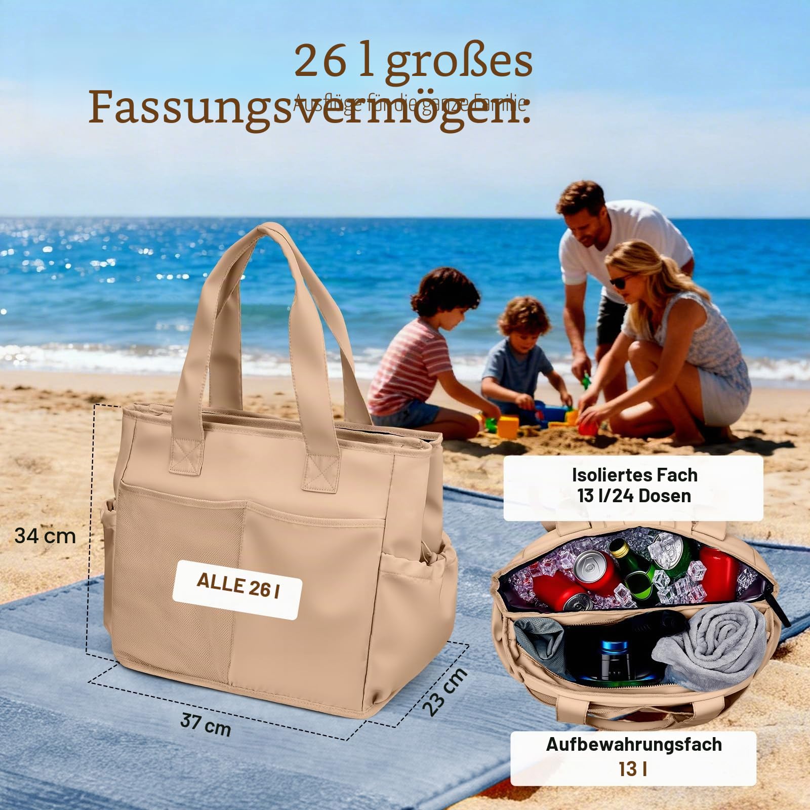 Odoland Kühltasche 26L Faltbar, Auslaufsicher Isoliertasche mit Kühlfach & Staufach, 2 in 1 Wasserdicht Picknicktasche mit Mehreren Taschen für Einkauf, Picknick, Arbeit, Strand