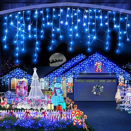 Heceltt 66ft 8 Mode LED Curtain Lights, 640 LEDs on 120 Drops - Plug-in Timer and Waterproof for Outdoor Christmas Decor (Blue)