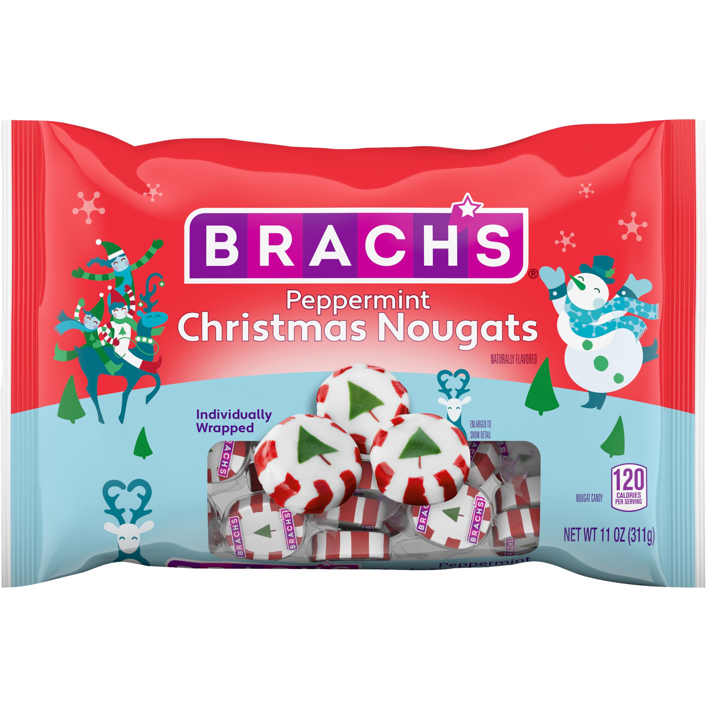 Brach'sPeppermint Christmas Nougats, Individually Wrapped Mixed Flavor Christmas Candies, 11 oz