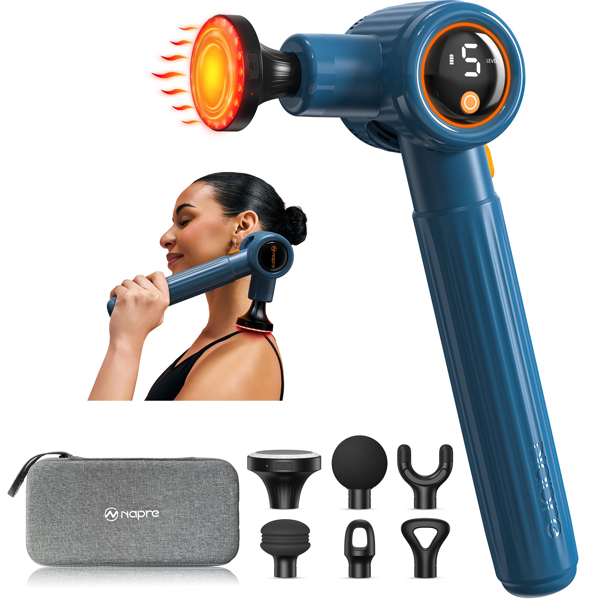 Massagepistole mit Wärmefunktion und Rotlichttherapie,Napre Massage Gun Massage Pistole mit Verlängerungs Griff und 3 Einstellbaren Winkeln,Muskel Percussion Massagegerät für Rücken/Nacke Entspannung