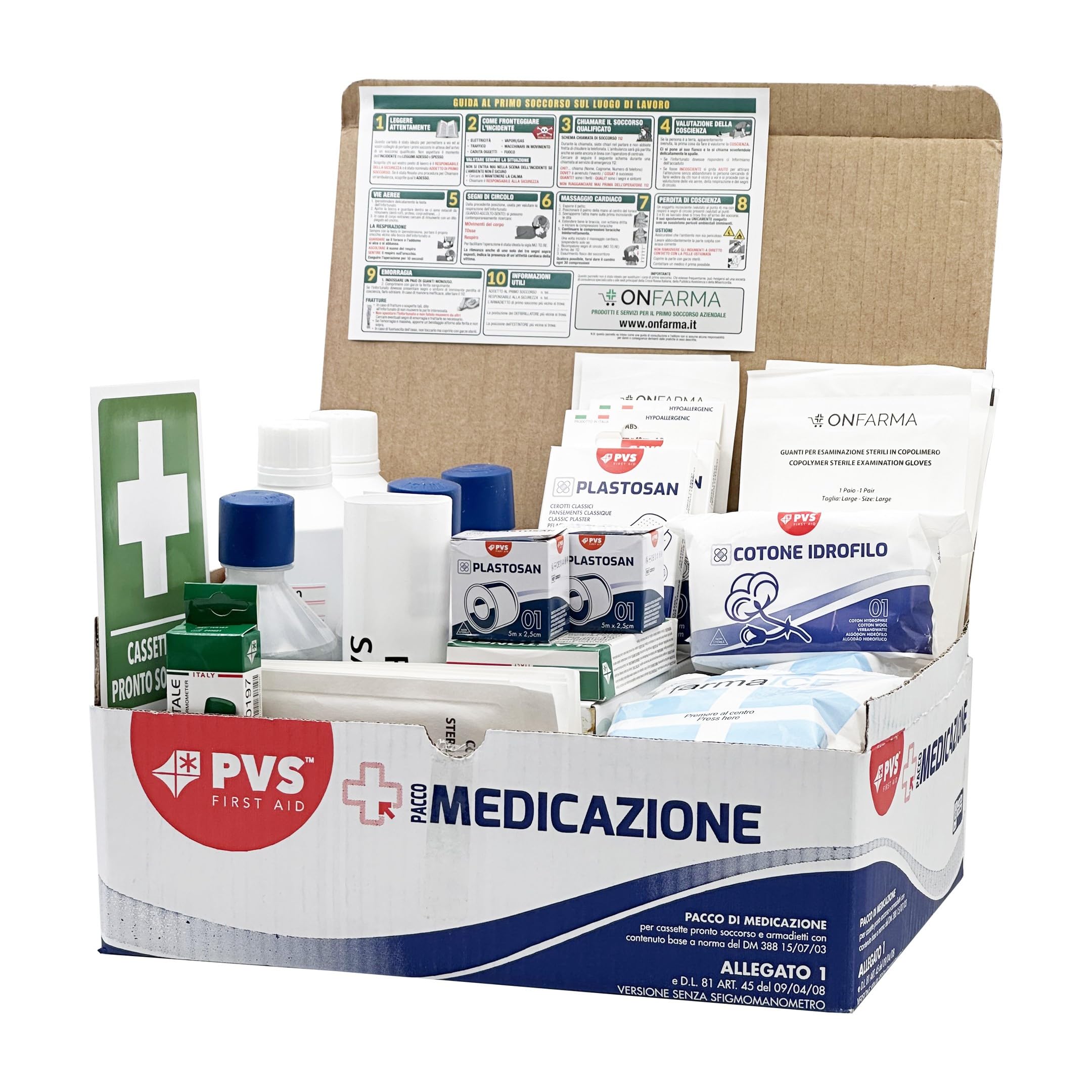 ONFARMA KIT DI REINTEGRO COMPLETO DI CARTELLO PRIMO SOCCORSO ricambio per cassetta medica pacco di medicazione SENZA MISURATORE DI PRESSIONE per aziende con 3 o più lavoratori D.M. 388 all.1