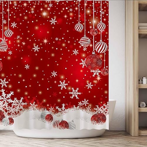 Miniatura 5 de Funnytree Cortina de ducha Bokeh con purpurina de 72 x 72 pulgadas, diseño de copos de nieve rojos de Navidad, para decoración de baño, lavable a