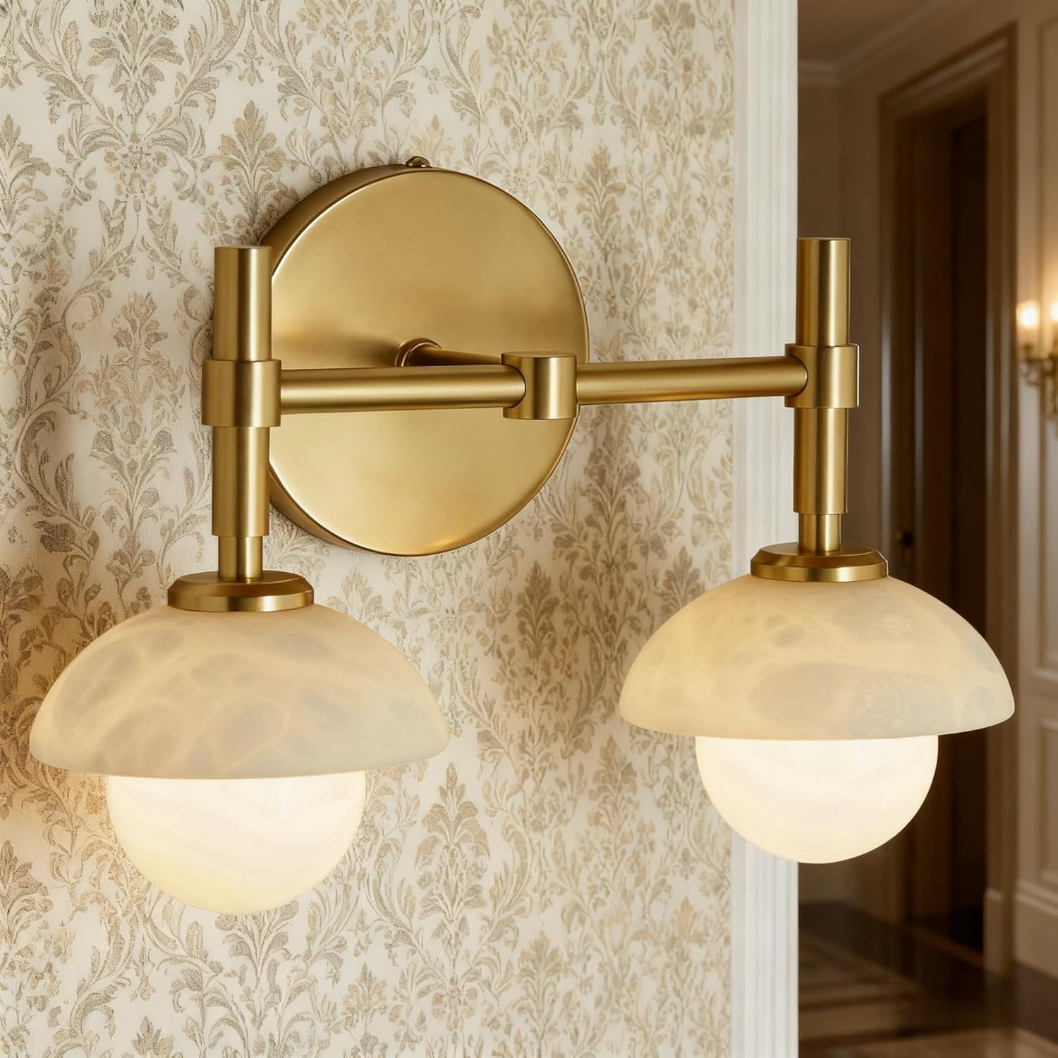 Alabaster Double Wall Sconce, 12.5 Inch Bathroom Light Fixture Over Mirror, Aged Brass Alabaster Sconce Wall Lighting, Hand-Carved Wall Light Fixtures Decor for Hallway, Bathroom (Brass)