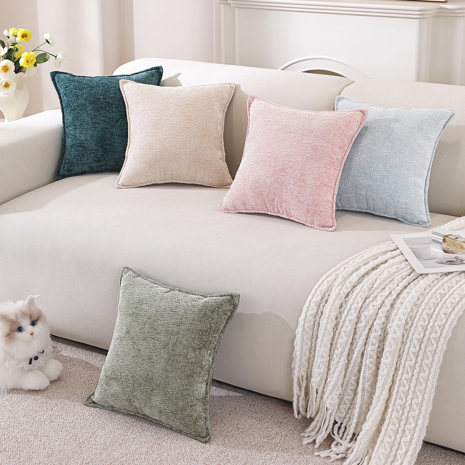 YSTELLAA Housse De Coussin Chenille, Lot De 2, 60 x 60 cm, Tabac | Housse Luxe Super Douce Pour Canapé, Fermeture Éclair Cachée, Décoration Maison, Salon Et Chambre
