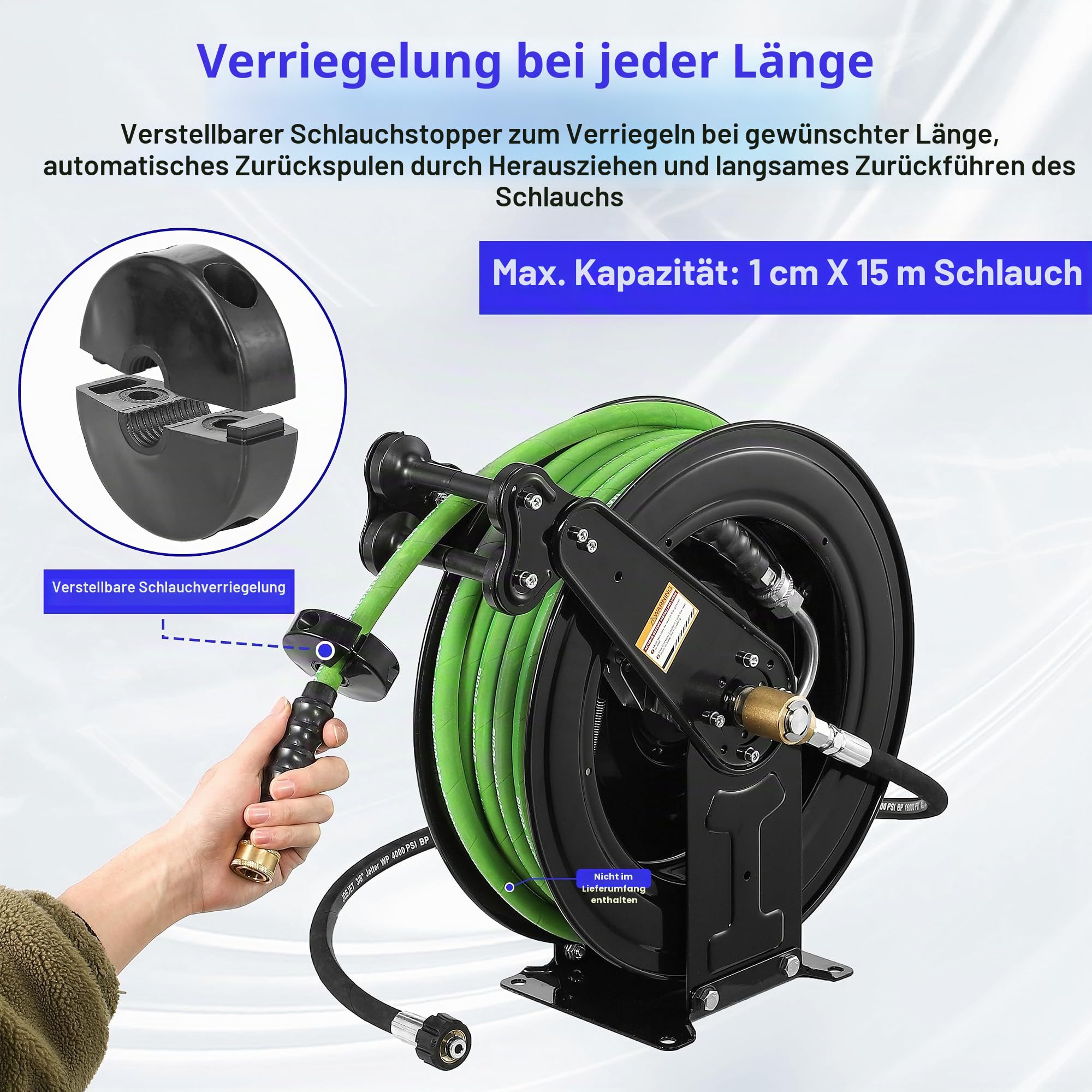 JOEJET Automatisch einziehbare Hochdruckreiniger-Schlauchtrommel, 15 m x 0,95 cm, robuste Stahl-Hochdruckreiniger-Schlauchtrommel, Doppelarm, 4000 PSI