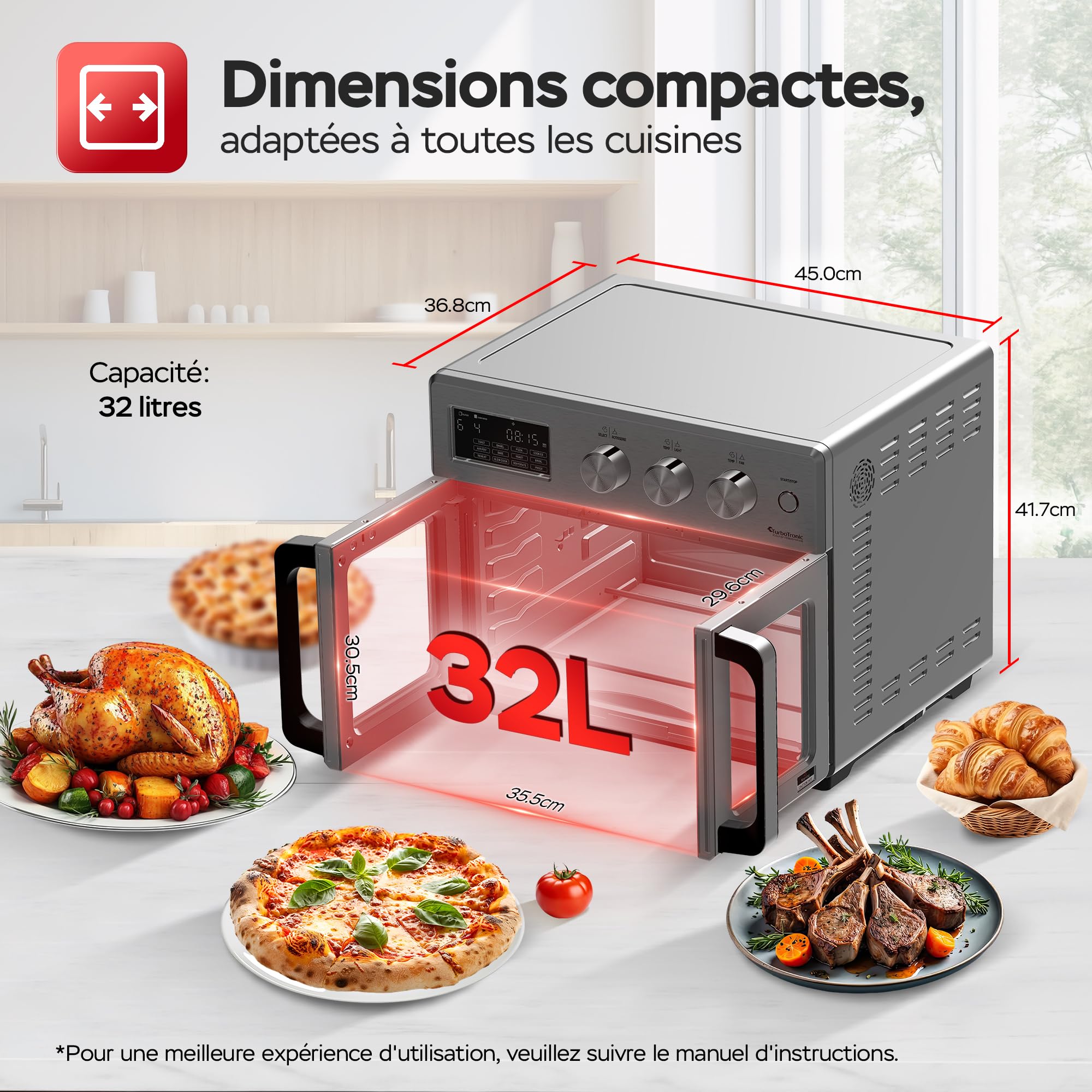 TurboTronic Mini four, four à air chaud 4 en 1 et friteuse à air chaud, version XXL 32 L, y compris tournebroche et de nombreux accessoires, plaque de cuisson, déshydrateur à partir de 25 °C & grill,