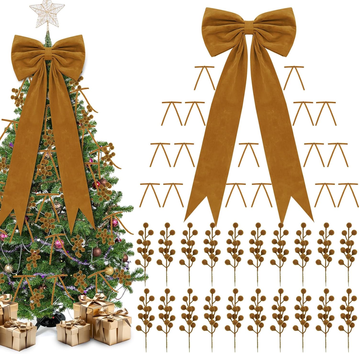 Red Christmas Tree Decorations Bows and Berry Picks Set Include 1 Pcs 16 x 40'' Large Tree Topper Bow 24 Small Red Velvet Bows 24 Berry Picks Xmas Ornaments for Home Birthday Holiday Decor