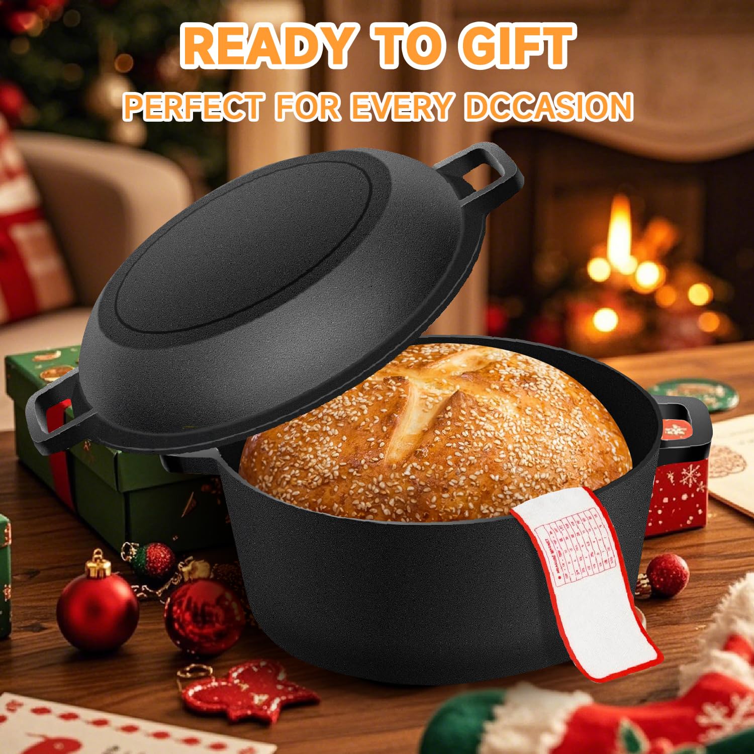 Dutch Oven Brotbackset aus Gusseisen, 10-teiliges Set mit Banneton-Korb, Teigschaber, Pizzaschaufel, Brotlame, Schneebesen, Bürste und Silikongriffen mit Bratpfannendeckel, Kochpfannengriffen, Lame,
