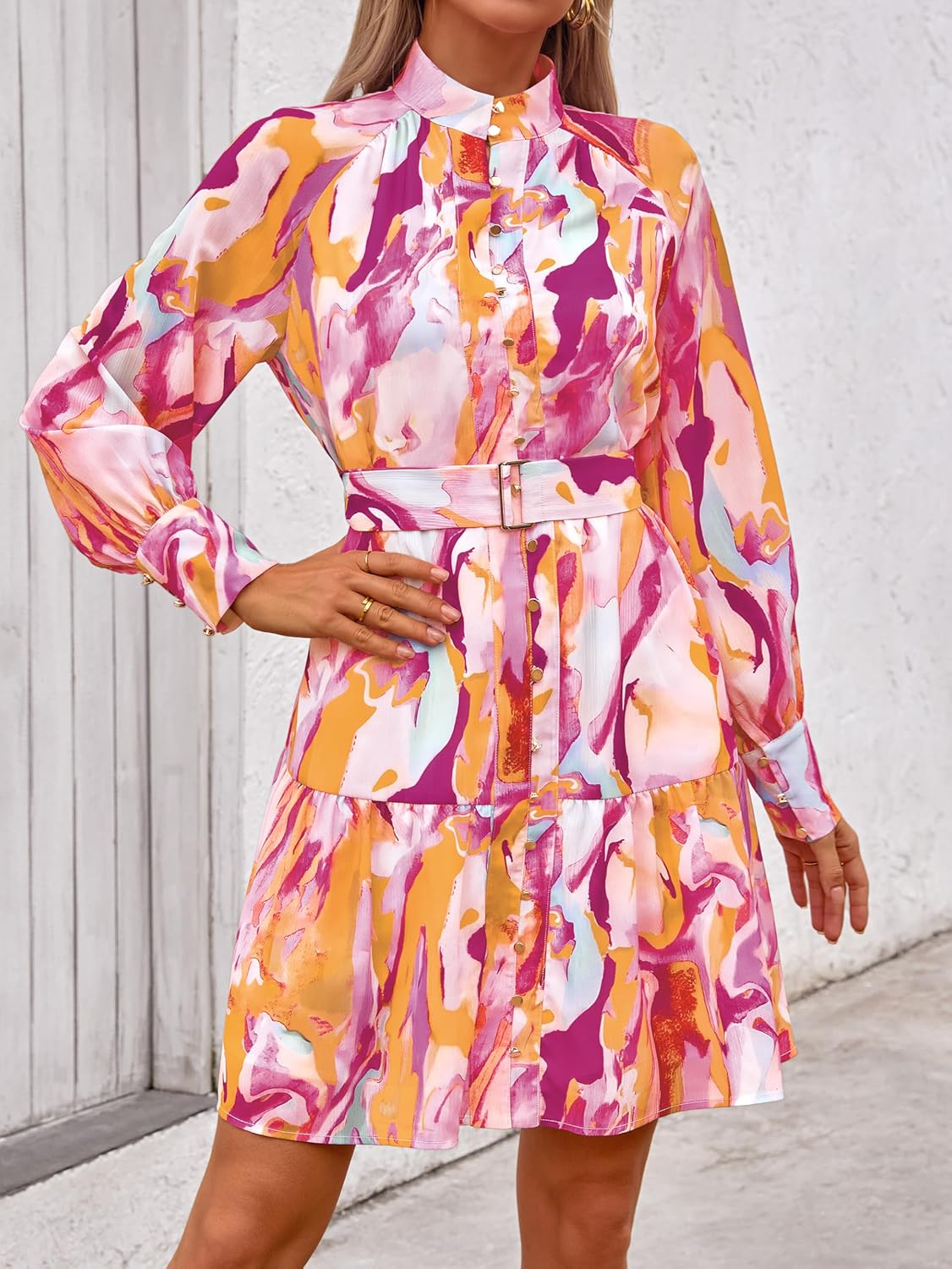 MASCOMODA Fall Dresses for Women 2024 Elegant Long Sleeve Button Short Floral Dress Chiffon A-Line Tie Waist Flowy Mini Dress - Image 4