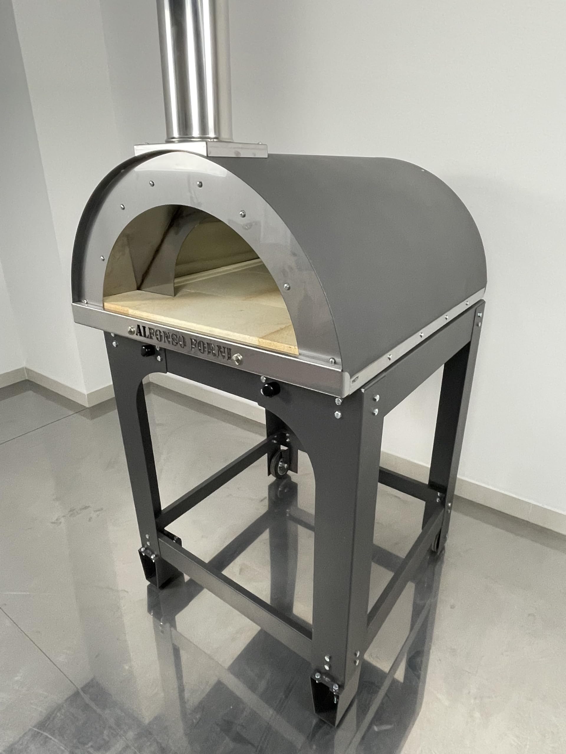 Forno a legna da esterno Alfonso 4 pizze con carrello, mattoni refrattari 3 cm, pirometro 500°C, acciaio inox - Made in Italy