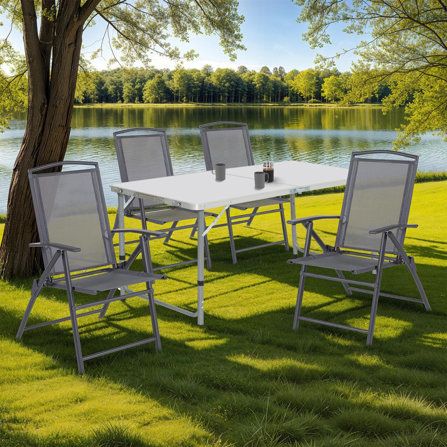 IDMarket - Pack de 4 sillas plegables de jardín con reposabrazos ALGHERO, metal y textileno, gris antracita