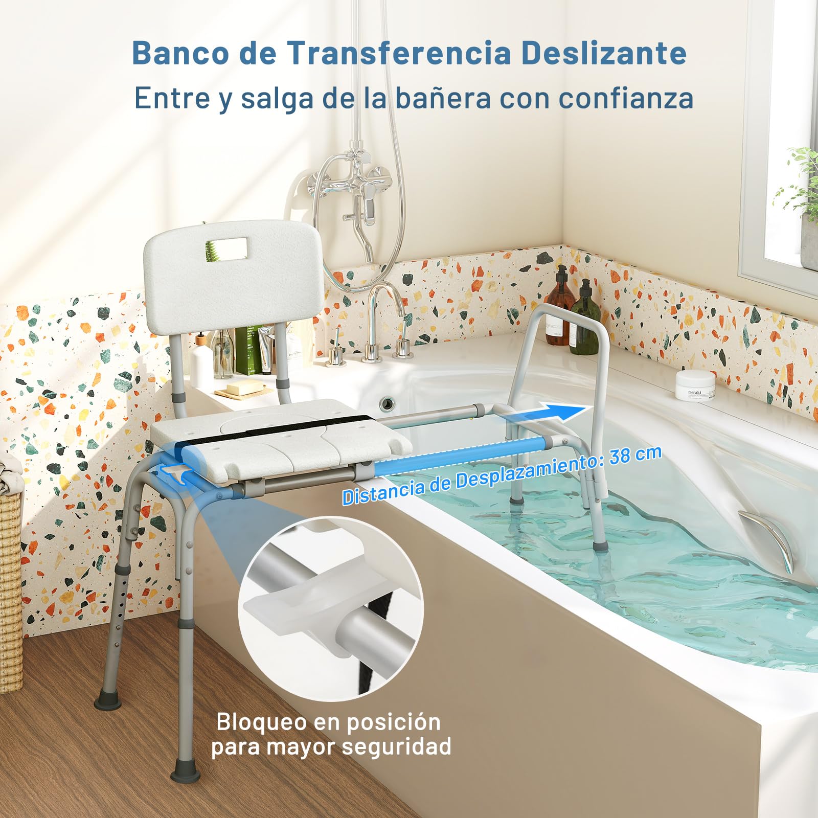 COSTWAY Banco de Baño Extraíble, Silla Ducha con Respaldo Ajustable en Altura con Asiento, Reposabrazos y Cinturón de Seguridad, Banco para Bañera Antideslizante para Ancianos y Discapacidadas