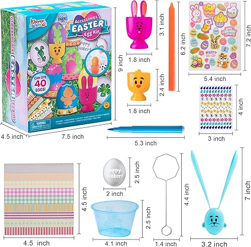 Miniatura 7 de Klever Kits Kit de 57 tintes de huevo de Pascua con plantillas y bolígrafos de colores, decoración de huevos de Pascua con calcomanías surtidas para