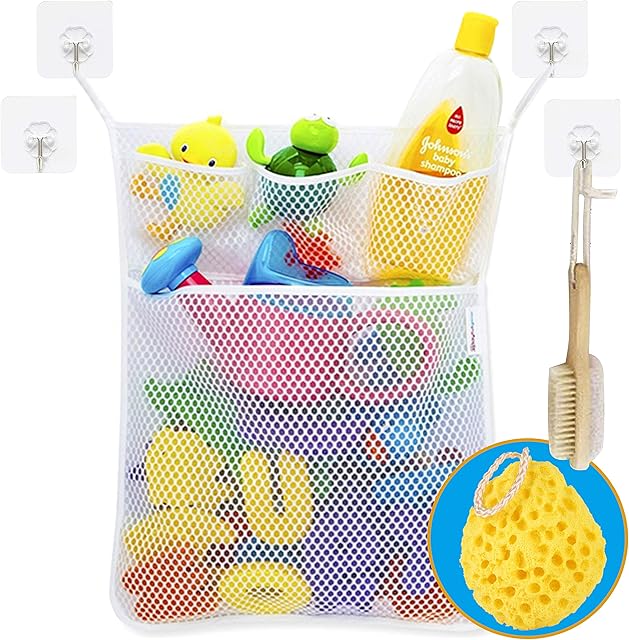 Wemk Baby Bath Toy Storage, Bathroom Toy Organiser Net Bag, Toy Tidy Organiser with 4 Self Adhesive Robust Hooks and Body Bath Sponge