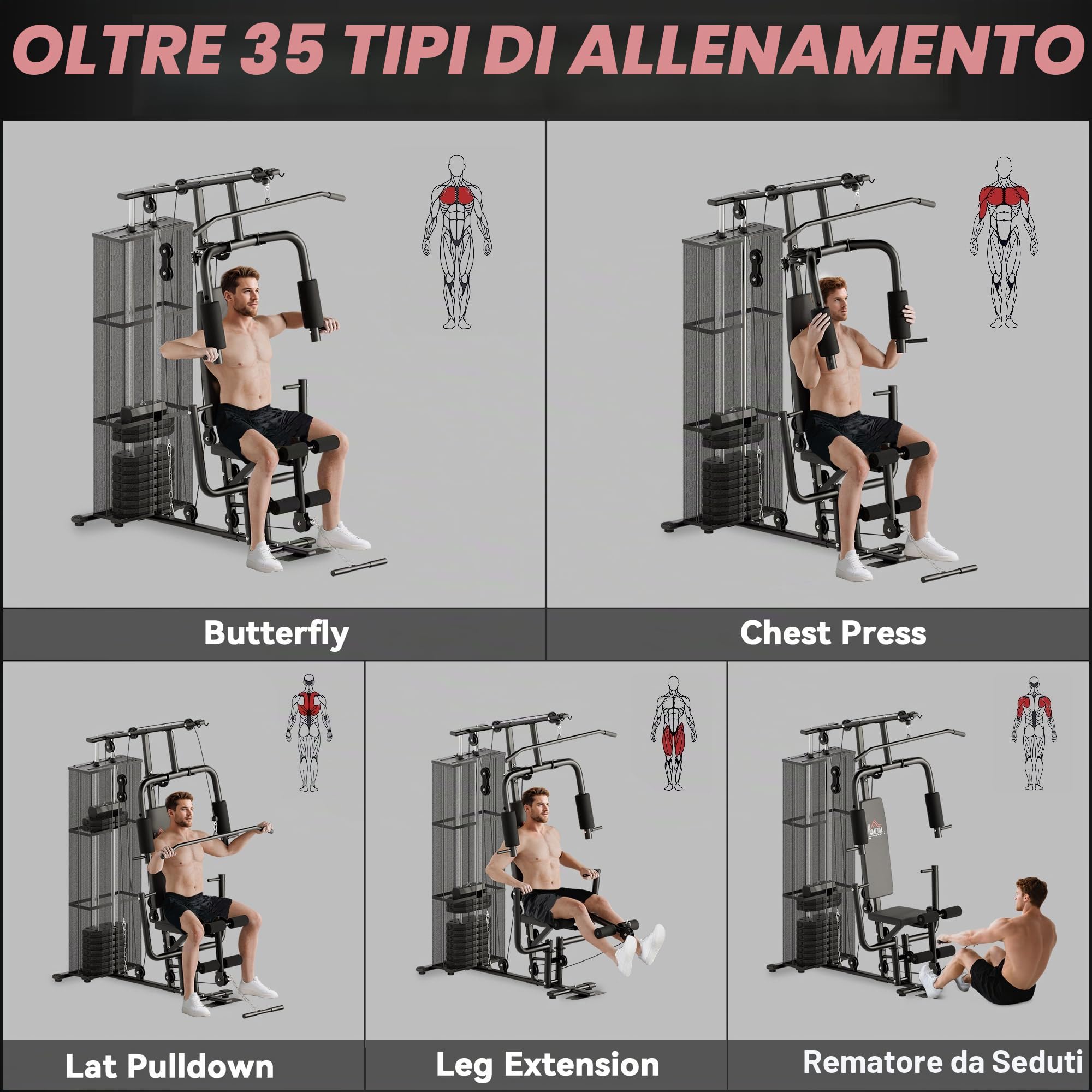 HOMCOM Attrezzatura da palestra domestica, stazione di allenamento multi palestra con pila di pesi da 45 kg, stazione toracica, pressa a farfalla e sviluppatore gambe per allenamento della forza
