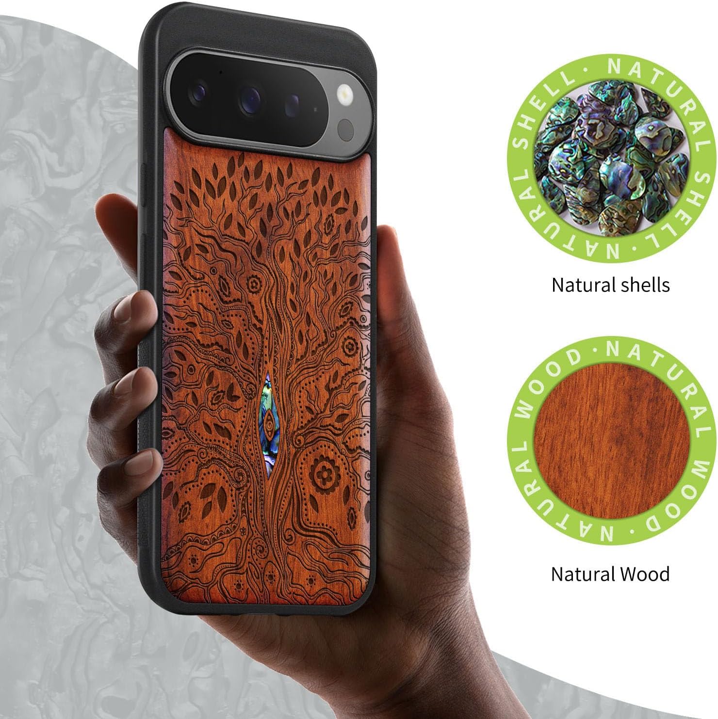 Carveit Magnetic Wooden Case for Pixel 9 Pro / 9 Pro Case, Wood Artisan Engraved & Handmade Shell Inlaid, Compatible with MagSafe Wireless Chargers, Tree of Life - Rosy