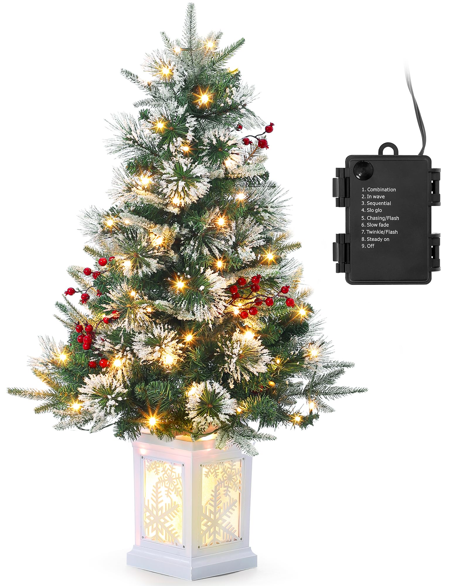 Costway Kunstkerstboom Met Verlichting, Dennenboom M Sneeuw En Koudwitte Leds Glasvezel En Stervormige Punt 8 Modi Kerstboom Met Dennenappels En Rode Bessen Groen Wit 150 Cm 1176441406