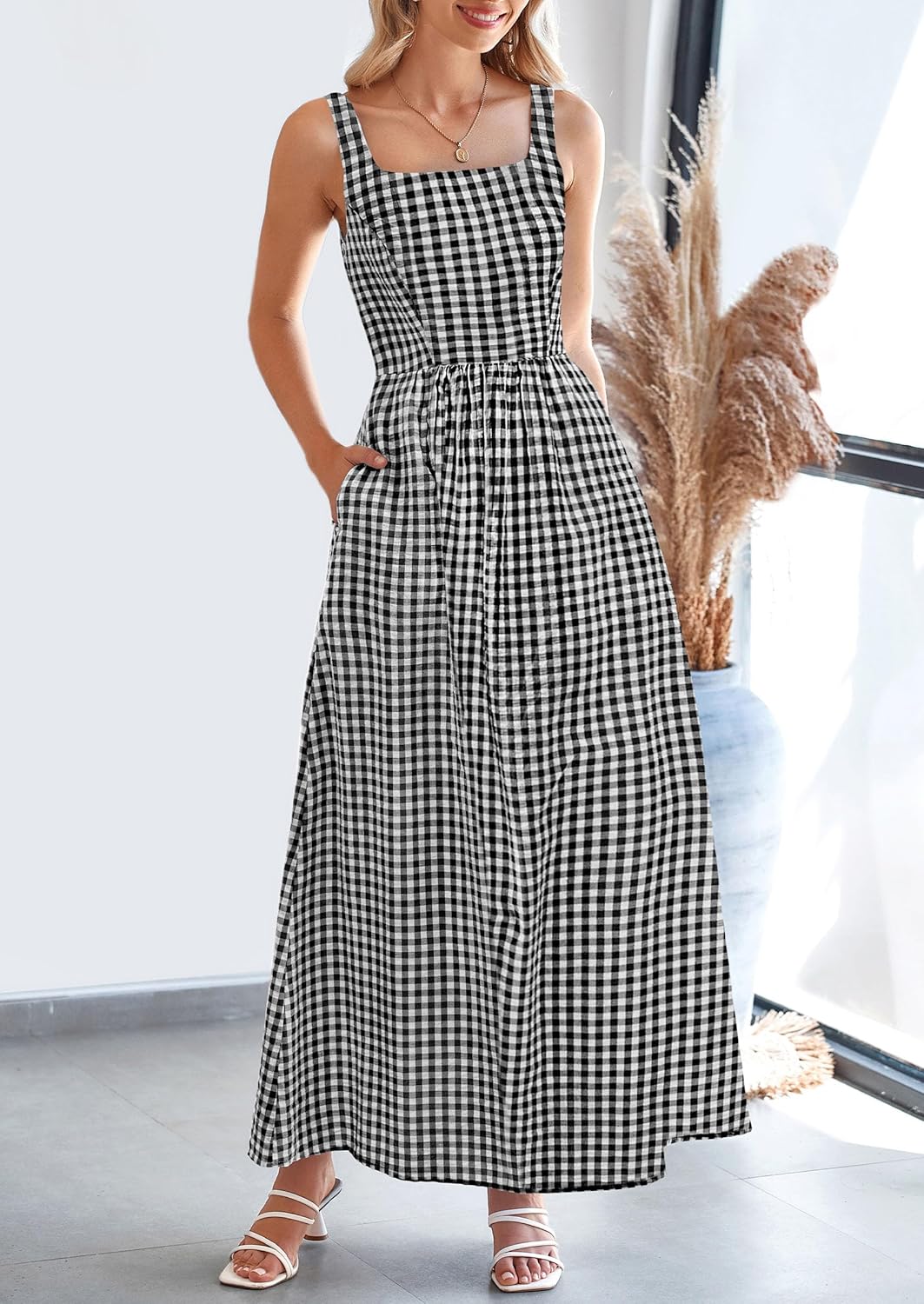 PRETTYGARDEN Women's 2026 Summer Spaghetti Strap Maxi Dresses Plaid Square Neck A Line Casual Beach Vacation Long Sundress - Image 4