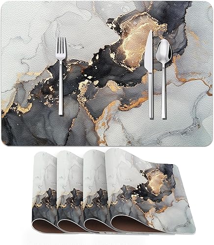 Juego de 4 manteles individuales de piel sintética, estilo vintage, color gris y dorado, manteles individuales de poliuretano para mesa de regalo,