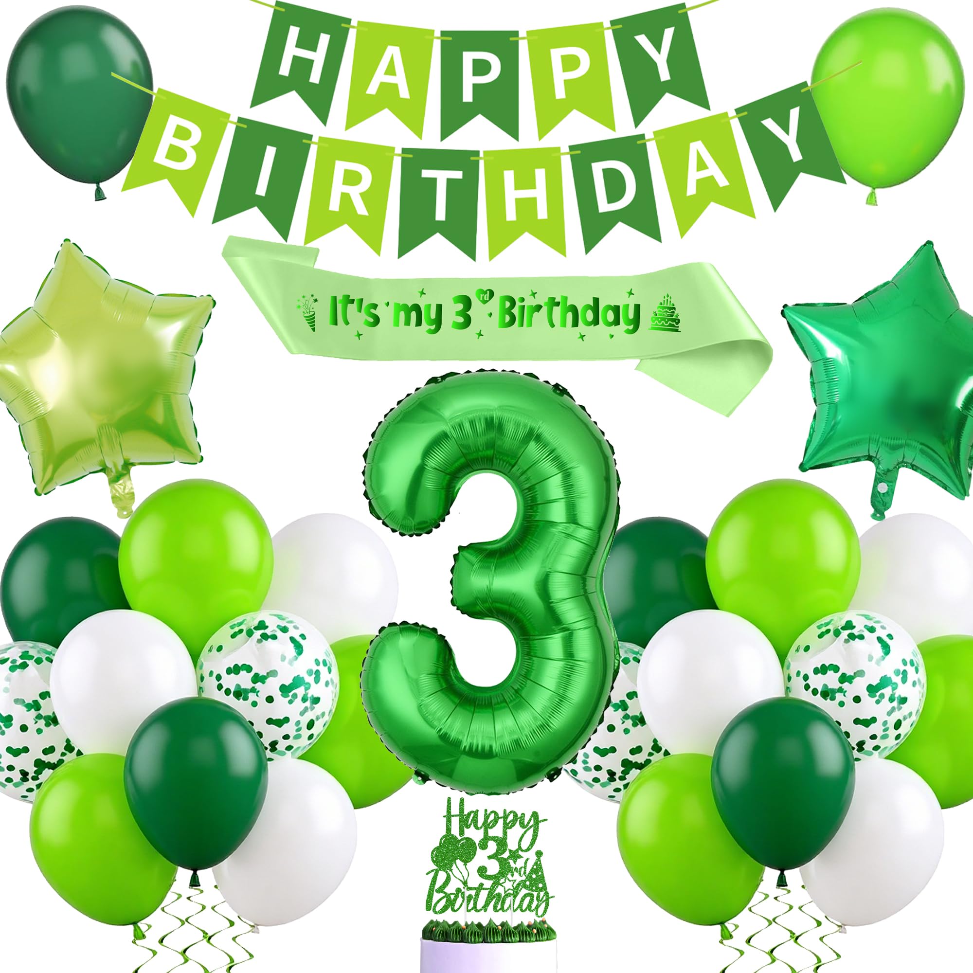 Green 3rd Birthday Decorations Set - Happy Birthday Banner Number 3 Balloon Decoration, Cake Topper and Sash for Girls and Boys 3 Year Old Party