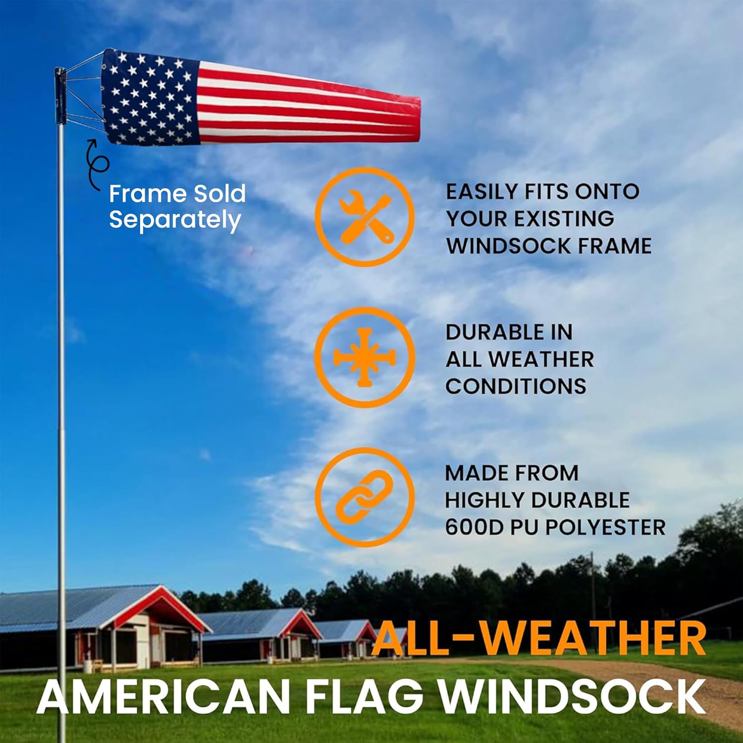 10"x36" USA Windsock | Heavy Duty Outdoor Wind Sock | Waterproof, UV Fade Resistant, Quad Stitched, Zip Ties Included | Ideal for Agriculture, Hangars, Farms | American Flag Design