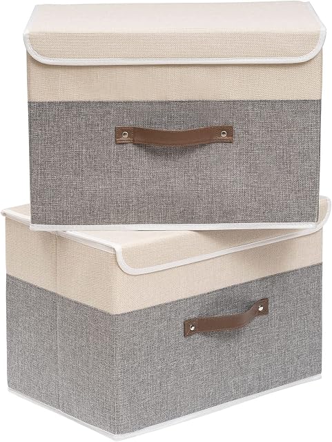 OUTBROS Large Collapsible Storage Box with Lid, Linen Fabric Clothing Shelf Basket Bins Toy Box For Towels, Books, Clothes 17.7 x 11.8 x 11.8 inch (Beige/Grey, 2-Pack)