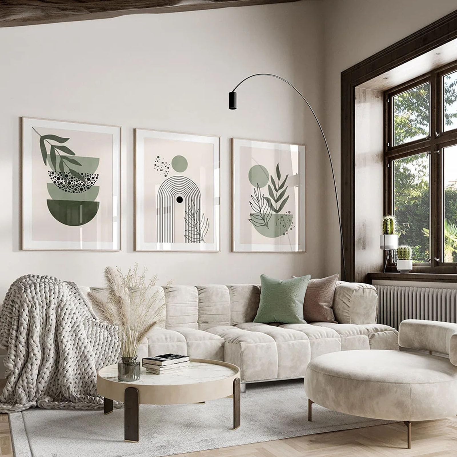 ZBELLO Set of 3 Boho Abstract Leaf Floral Canvas Wall Art, Neutral Green Botanical Rainbow Geometric Prints, Minimalist Unframed Posters for Living Room Bedroom Home Decor (21x30cm)