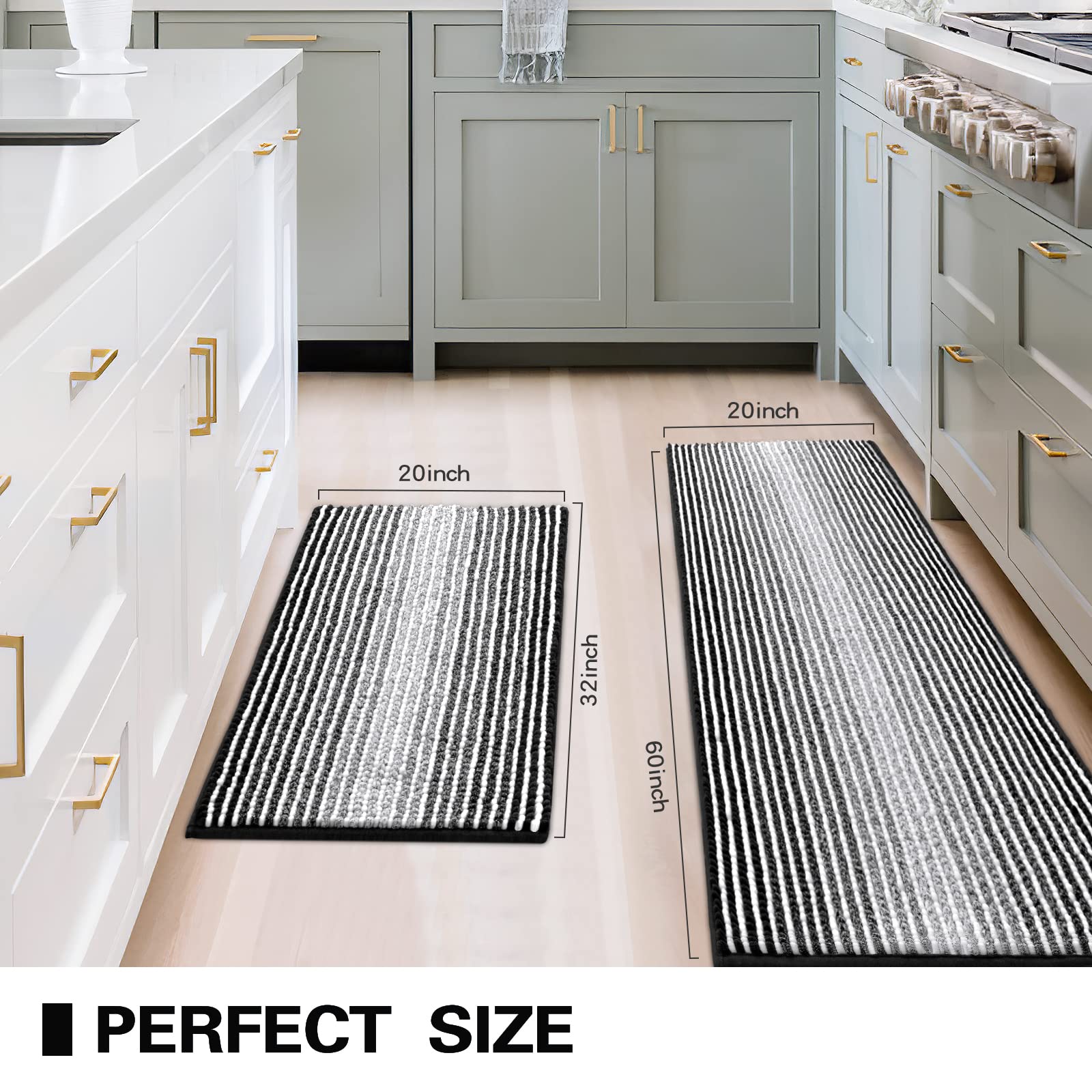 Bathroom Rugs and Mats Sets, 2 Piece Thick Absorbent Chenille Bath Mat Rug Set Non Slip, Soft Shaggy Bath Room Floor Mats for Bathroom, Machine Washable (20" x 60" Plus 20" x 32", Black)