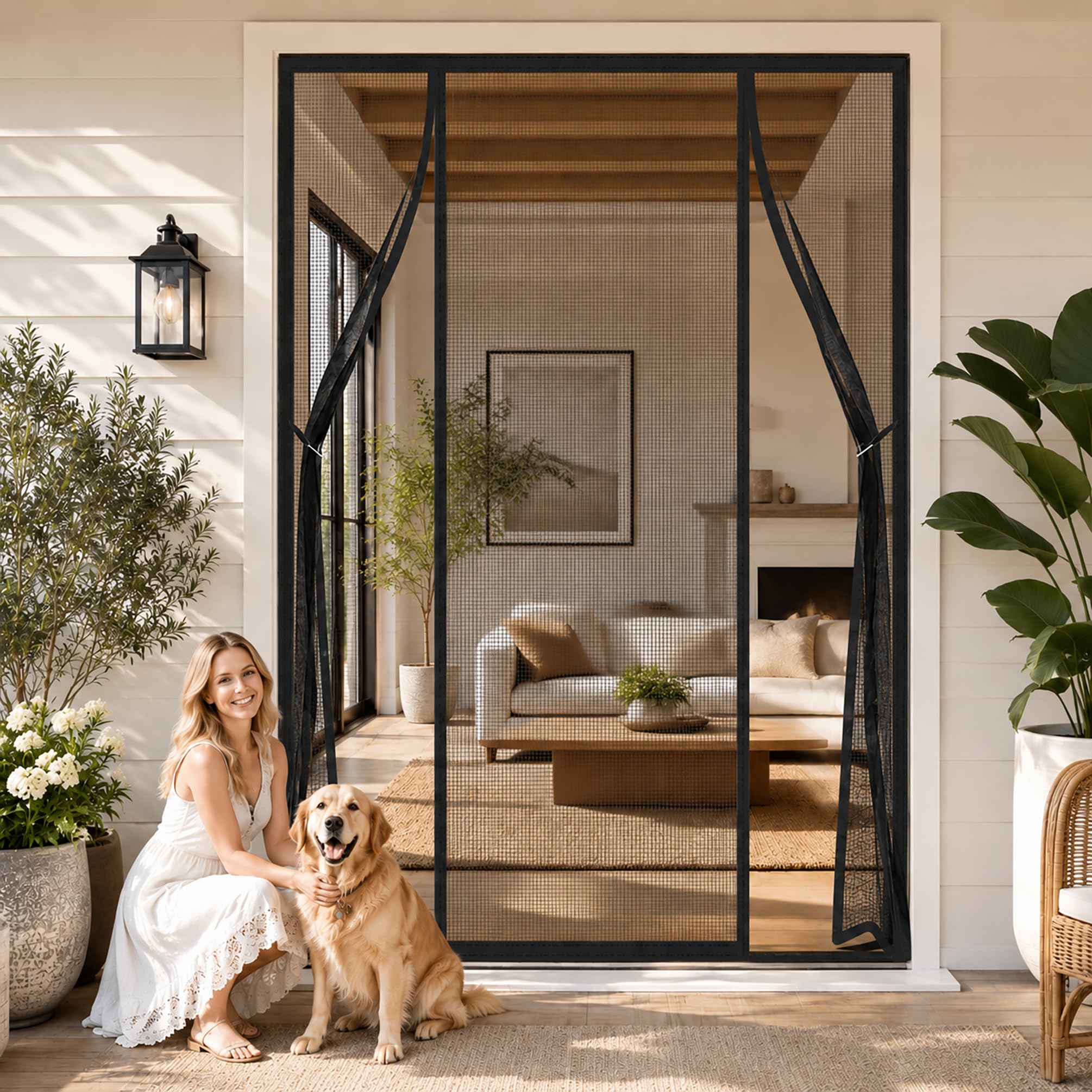 French Door Fly Screen Magnetic Side Opening Black 130x220cm Extra Wide Left Right Heavy Duty Door Mesh Magnets for Modern Homes with Big Glass Doors and Open-Plan layouts