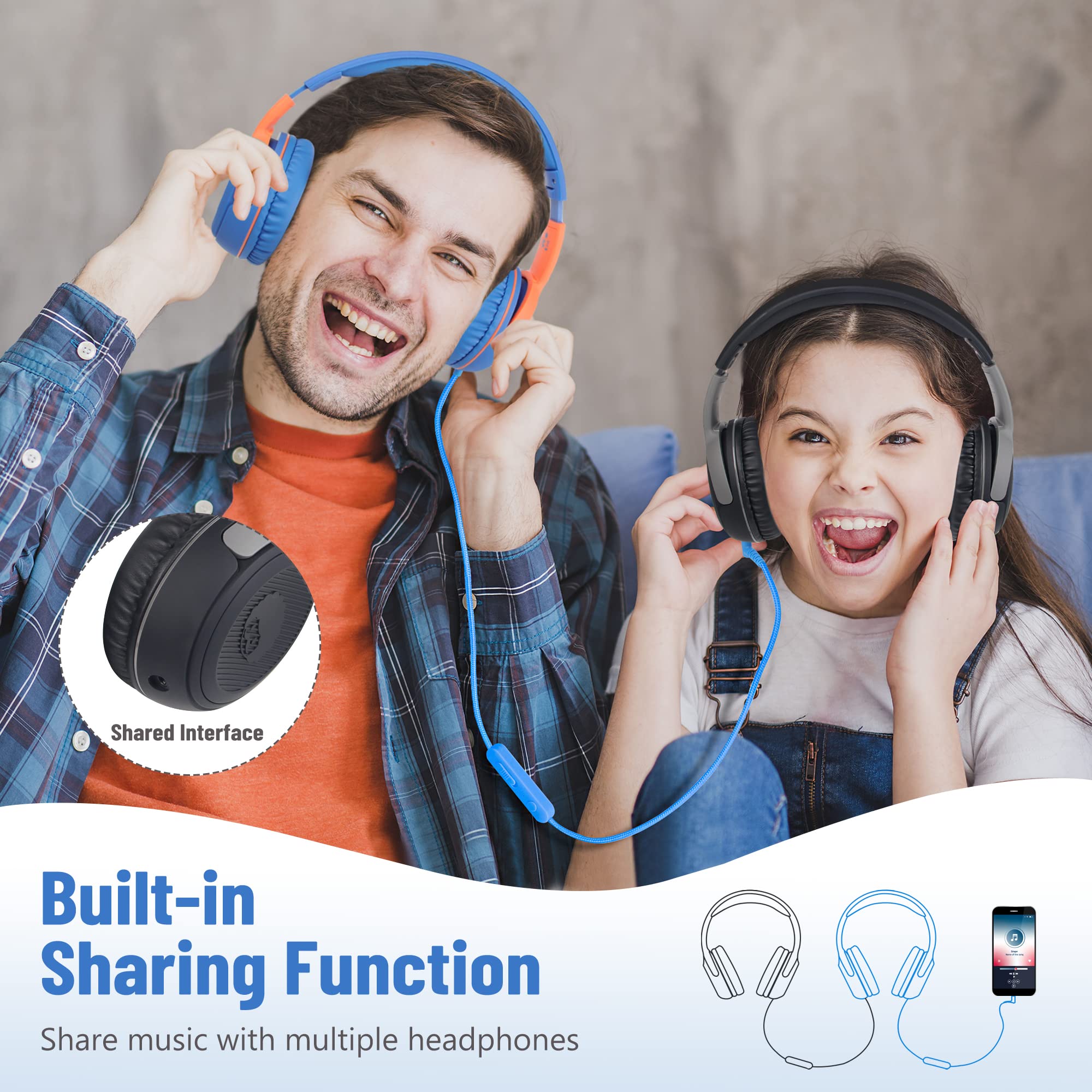 Rockpapa Share1 Kids Headphones Wired with Microphone, 85/94dB Volume Limited, Sharing Function, Foldable, Adjustable - Image 2