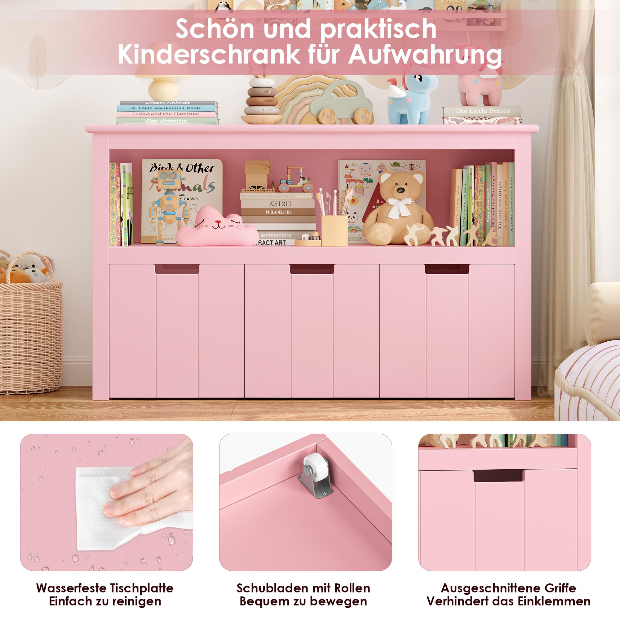 FOREHILL Kinderregal mit Boxen auf Rollen, Spielzeug Aufbewahrung Kinderzimmer Möbel, Spielzeugregal, Kinderschrank, Regal mit 3 Boxen, Truhen & Kisten für Kinder 102 x 33 x 61,5cm Rosa