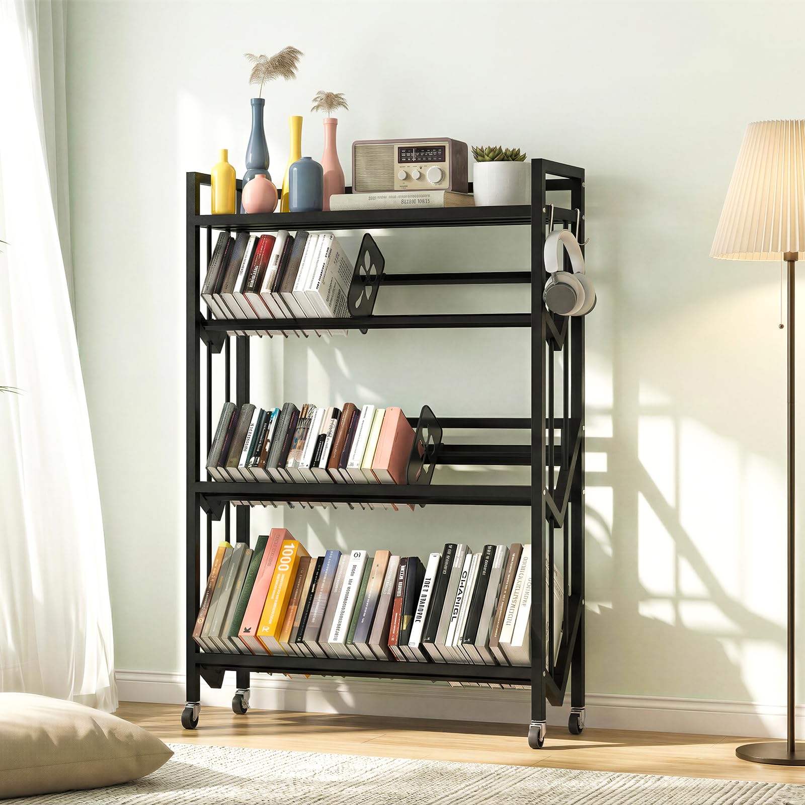 foriy Book Carts 4 Tier 46.5x35.5x10 in Rolling Book Cart Large Capacity Bookshelf Storage Rack Mobile Book Storage with Wheels Cart for Home Office