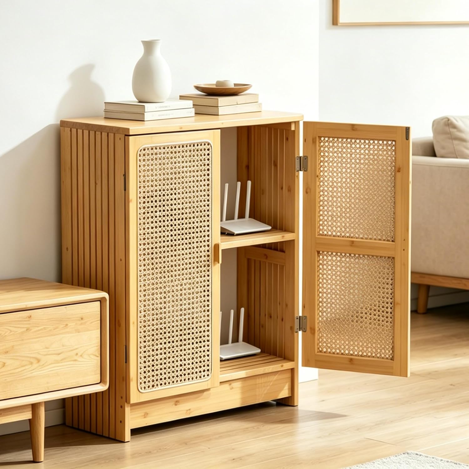 WiFi Router Storage Cabinet,Floor Standing WiFi Router Hidden Box with Adjustable Shelves,2-Tier Vertical Router Cabinet,for Living Room and Office (Natural Wood)