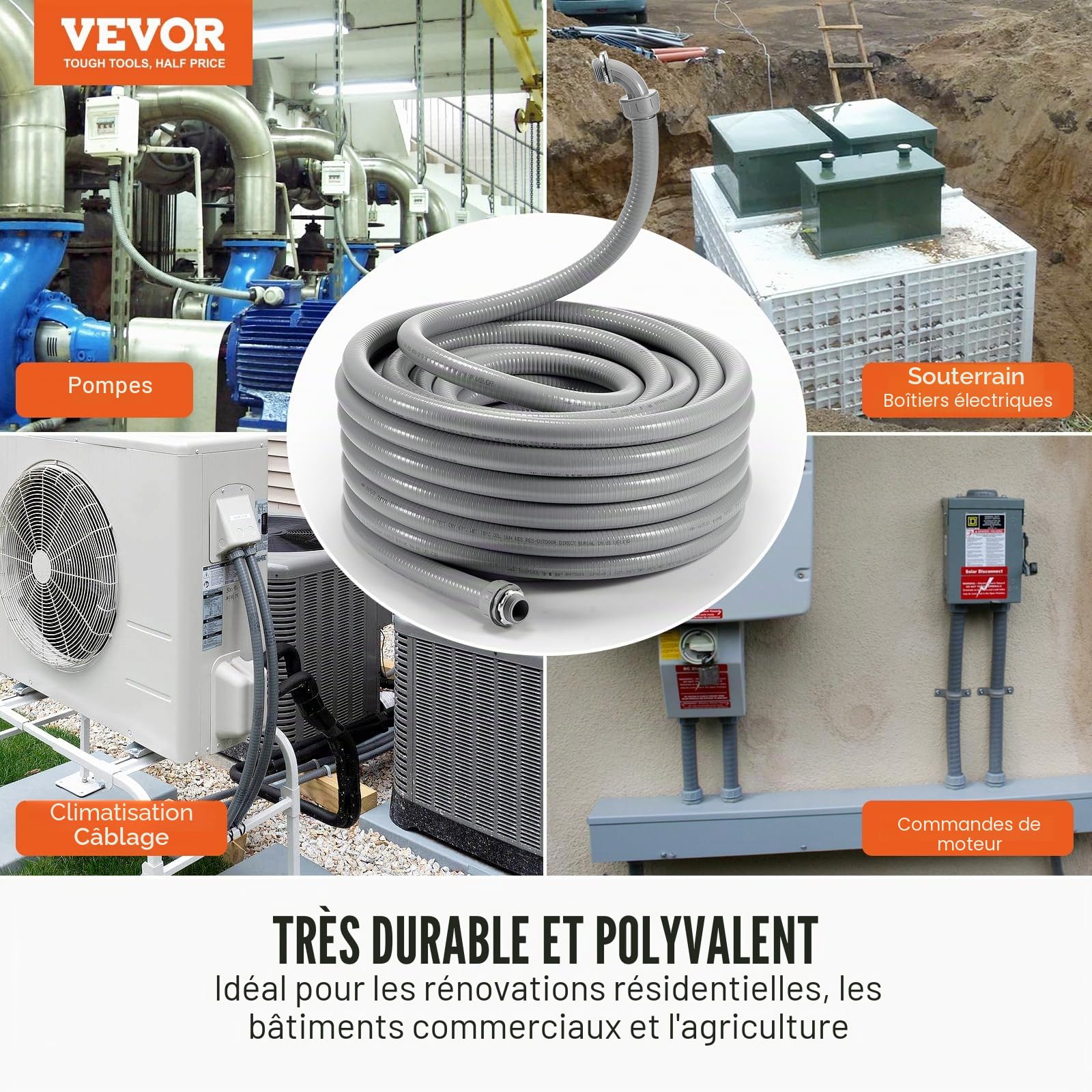 VEVOR Conduit électrique flexible, 12,7 mm, conduit étanche aux liquides en PVC, 30,5 m, non métallique, avec 5 connecteurs 180° et 5 connecteurs 90°, pour pompe contrôleur moteur climatisation, IP65