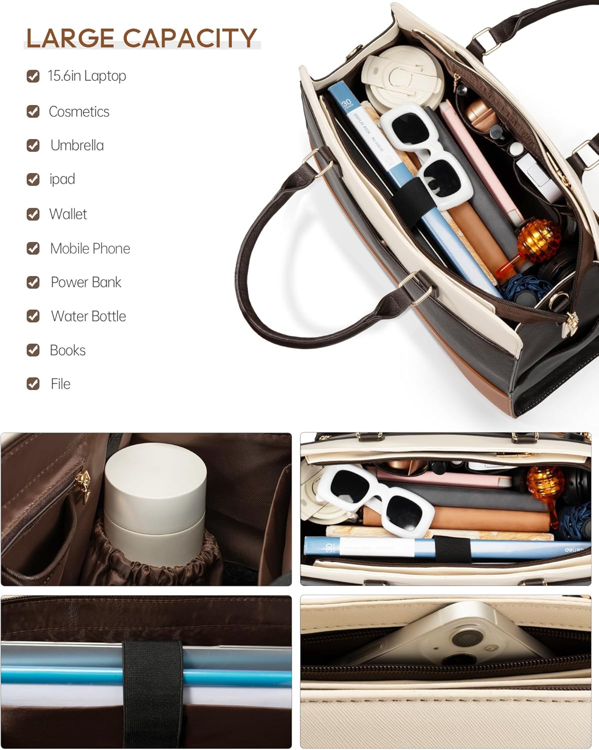 Lunch Tote Bag for Women 2 in 1 Laptop Work Bag with Lunch Insulated Compartment and Purse Combo Waterproof PU Leather 15.6 Inch Computer Shoulder Bag for Daily, Office, Picnic. Mix Color - Image 4