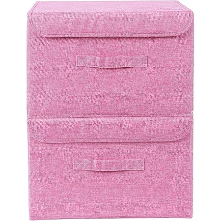 BAYUTE foldable storage box 2 storage boxes with lids, linen storage box, used to store toys, clothes, paper and books in the closet and bedroom. (M, PINK)