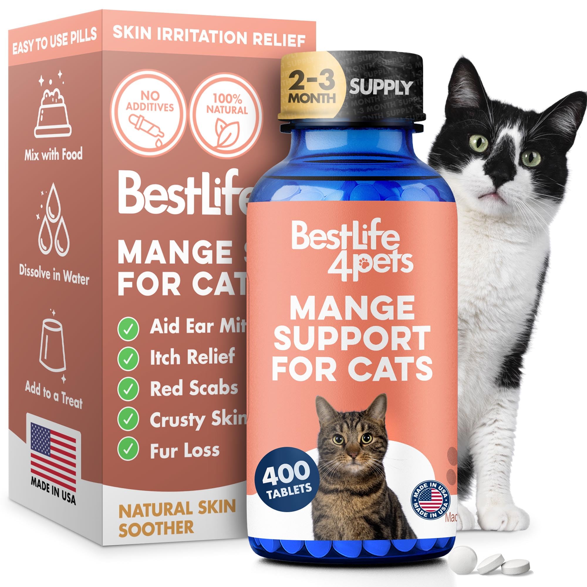 Mange Support for Cats, Natural Cat Itchy Skin, Paws and Ears Relief - Soothes Welts, Scabs, Red and Flaky Skin Reducing Excessive Grooming and Patchy Fur for a Healthy Coat (400 Tiny Tasteless Pills)