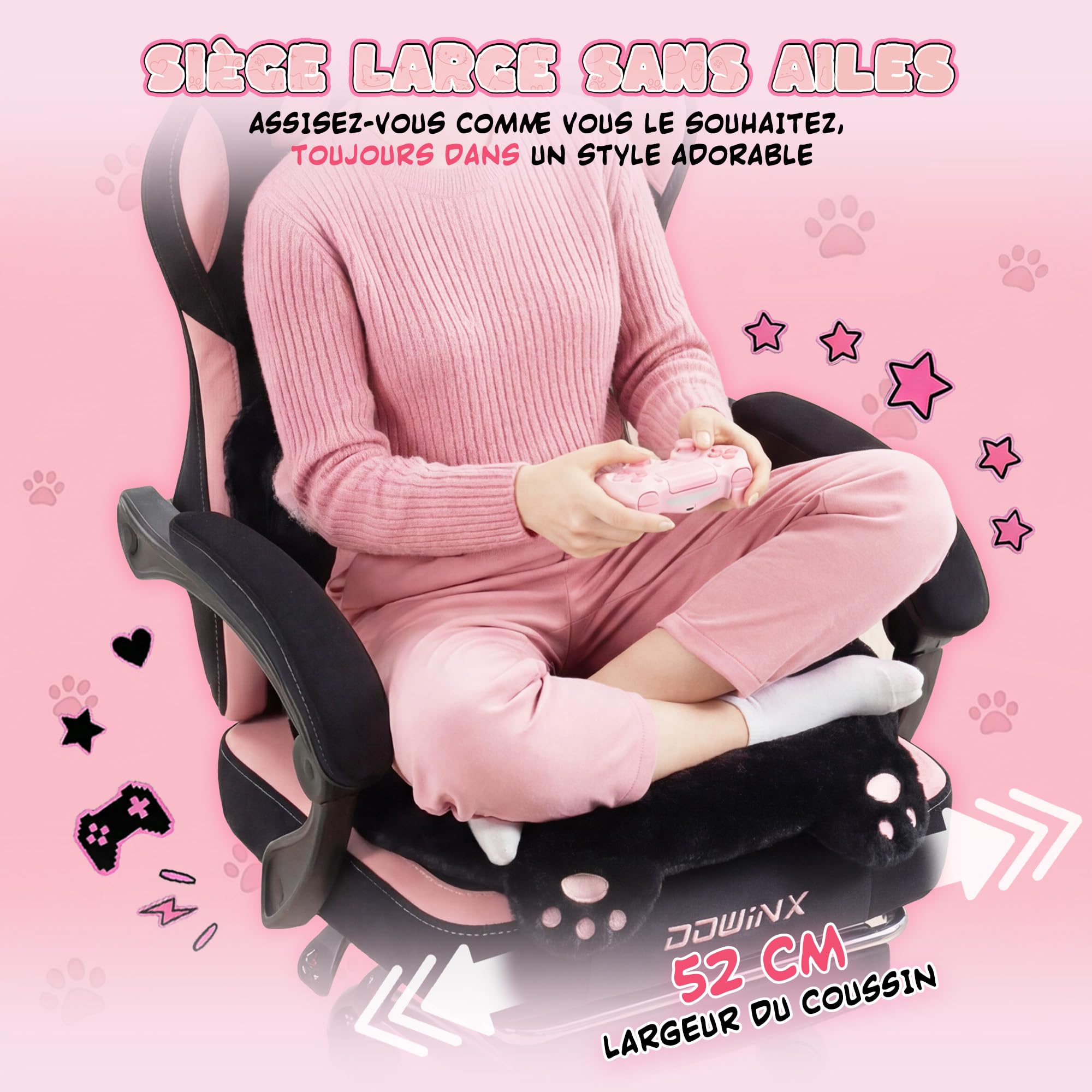 Dowinx Silla Gaming Ergonómica con Reposapiés, Silla Gamer de Terciopelo con Cojín Lumbar y Orejas de Gato, Silla de Oficina para PC y Escritorio, para Mujeres, Adultos y Adolescentes,Negro y Rosa