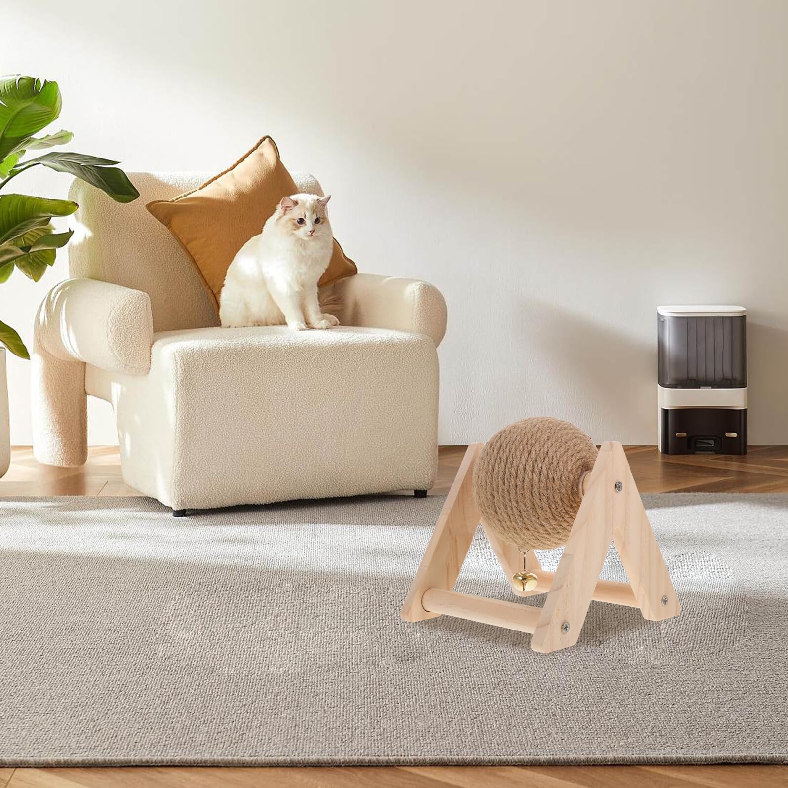 Kratzspielzeug Kätzchen Sisal Kratzball aus Naturfasern mit Stabilem Holzsockel für Katzen Kaninchen Meerschweinchen Haustier Spielzeug gegen Langeweile