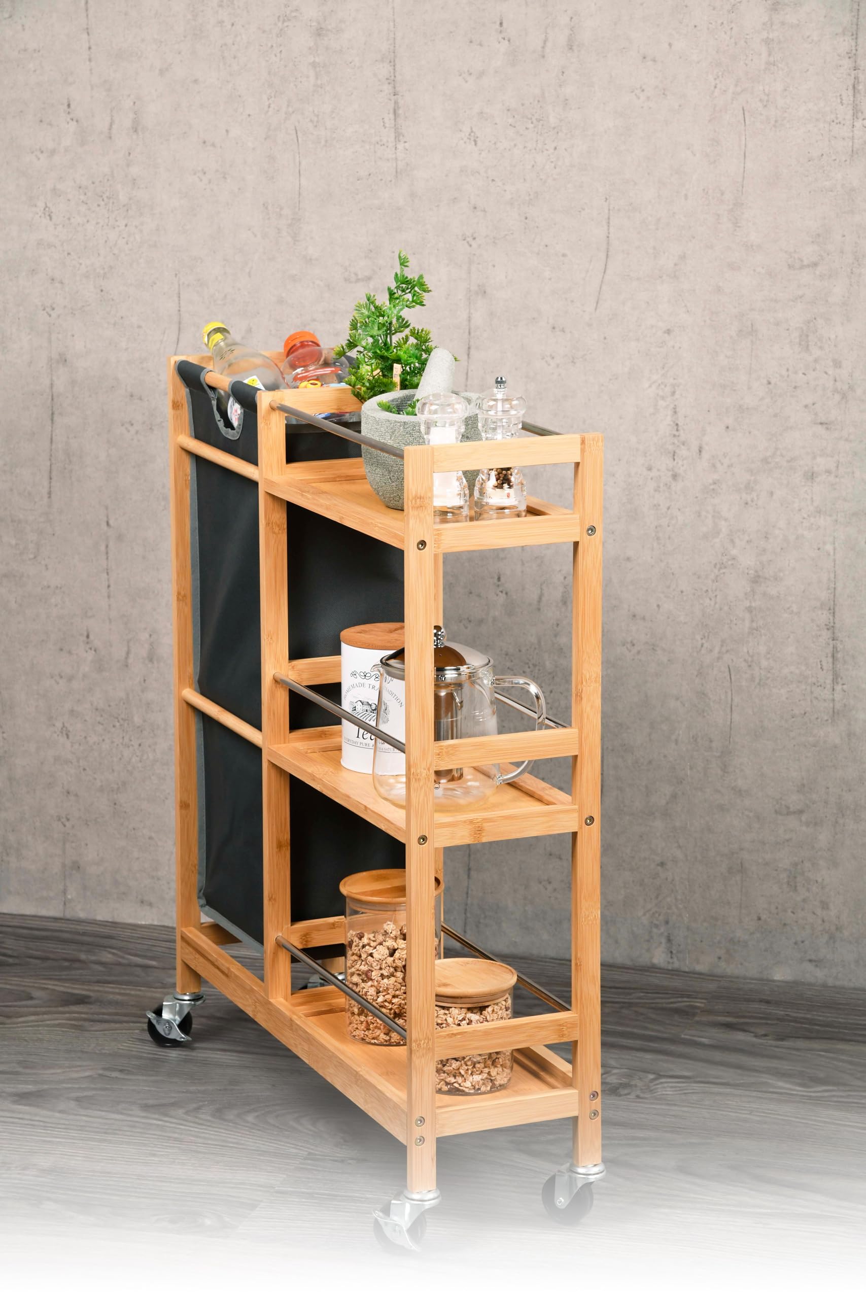 Kesper | Rollbares Nischenregal mit Flaschensammler, Material: Bambus, Polyester, Maße: B 20 cm, H 78 cm, T 68 cm, Farbe: Natur, Grau | 24857 13