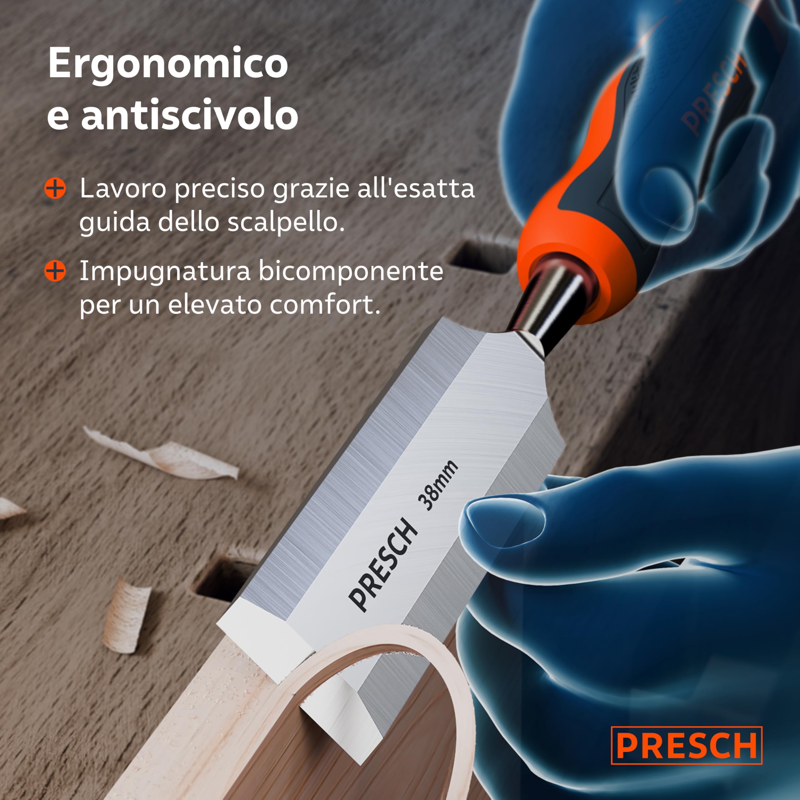 Presch Set di scalpelli per legno 6pz. incl. Borsa - Completamente affilati per un utilizzo immediato (6, 12, 18, 24, 32, 38mm) - Con angolo di taglio a 25° e robusta capocchia in metallo