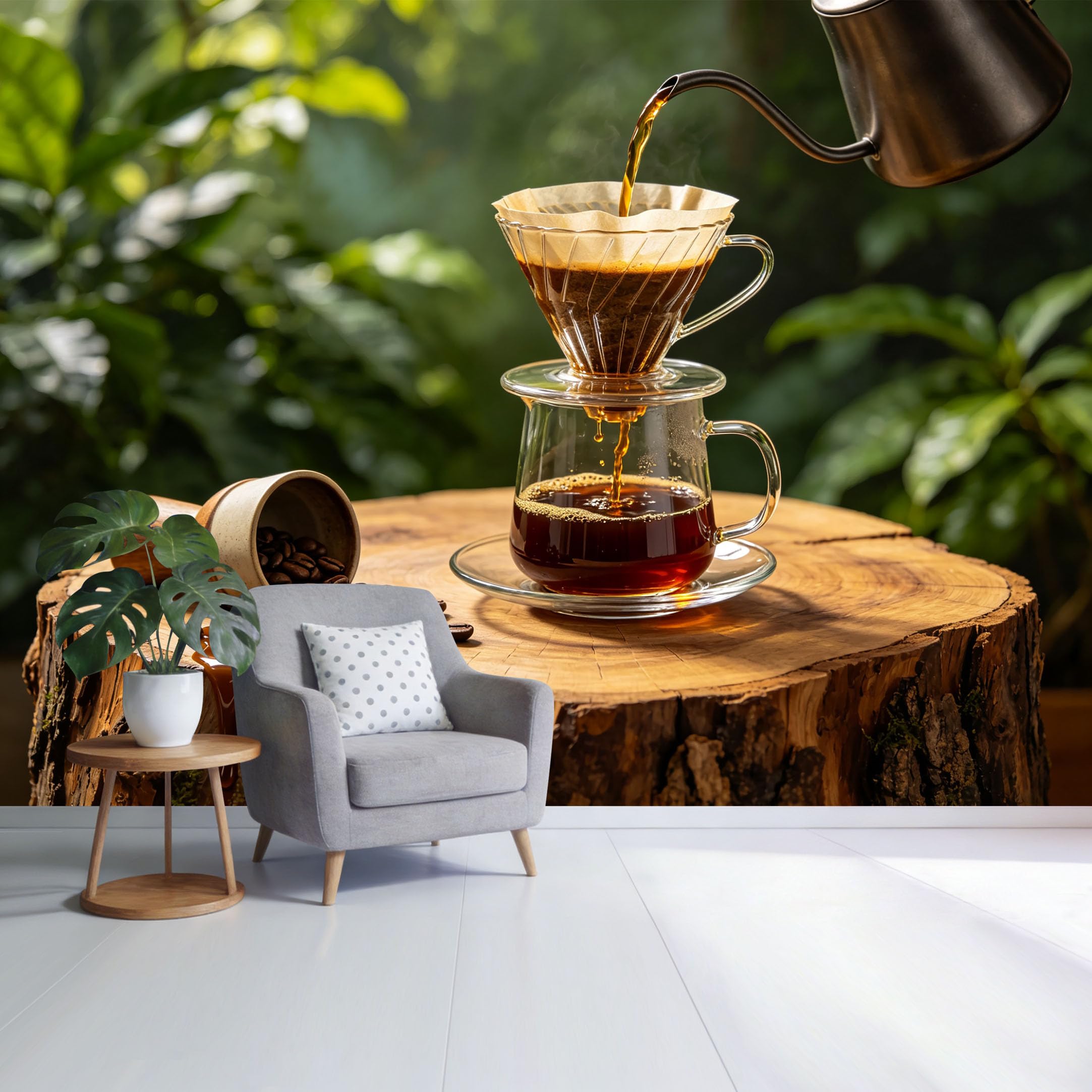 Custom Size Wall Mural Coffee Drip Brewing on Wooden Log Rustic Botanical Morning Light SelfAdhesive Wall Fabric Removable Wallpaper for Home Office Decor