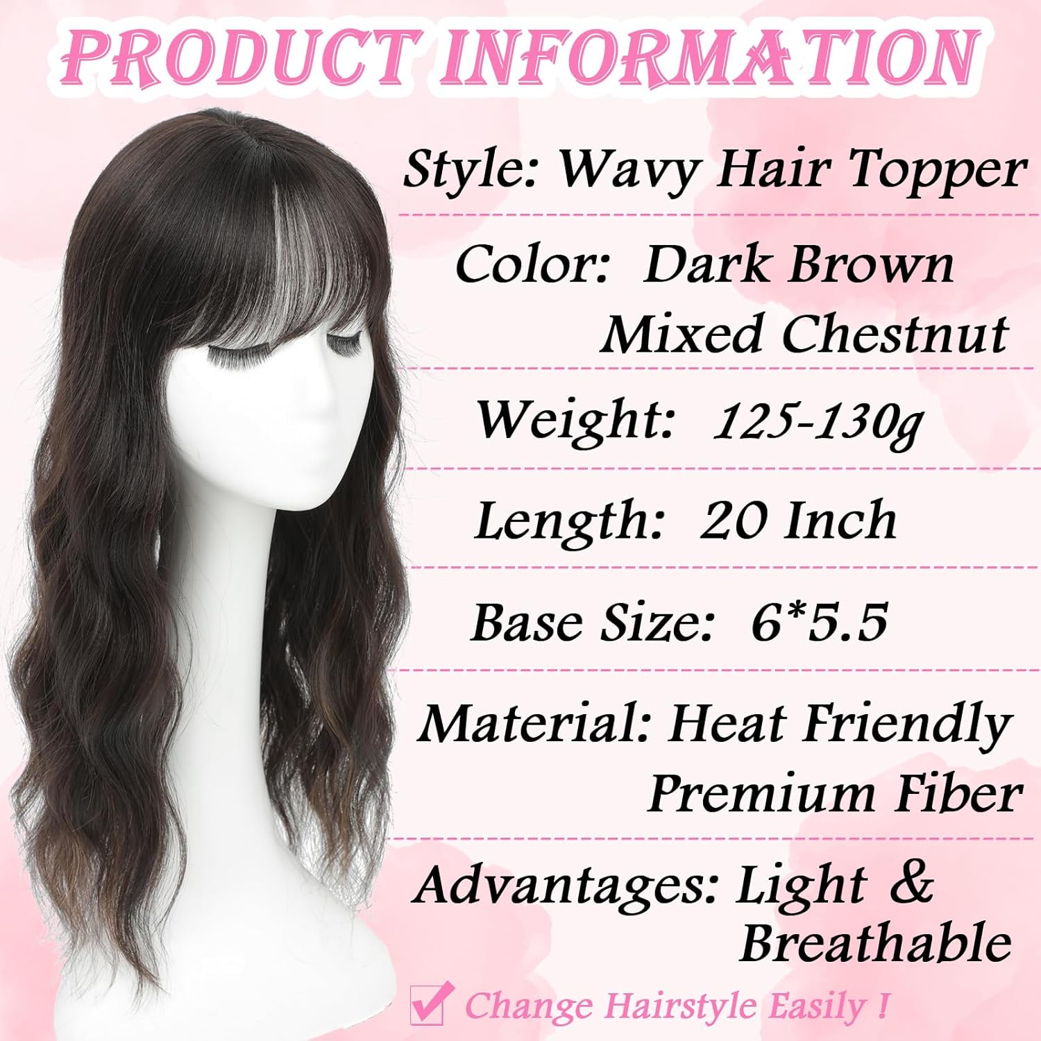 Hair Toppers for Women, 20 Inch Hand Tied Breathable Toppers Hair pieces for Women with Thinning Crown Wispy Bangs Mix Human Hair Clip in Curly Lightweight Wiglets (Dark Brown Mixed Chestnut)