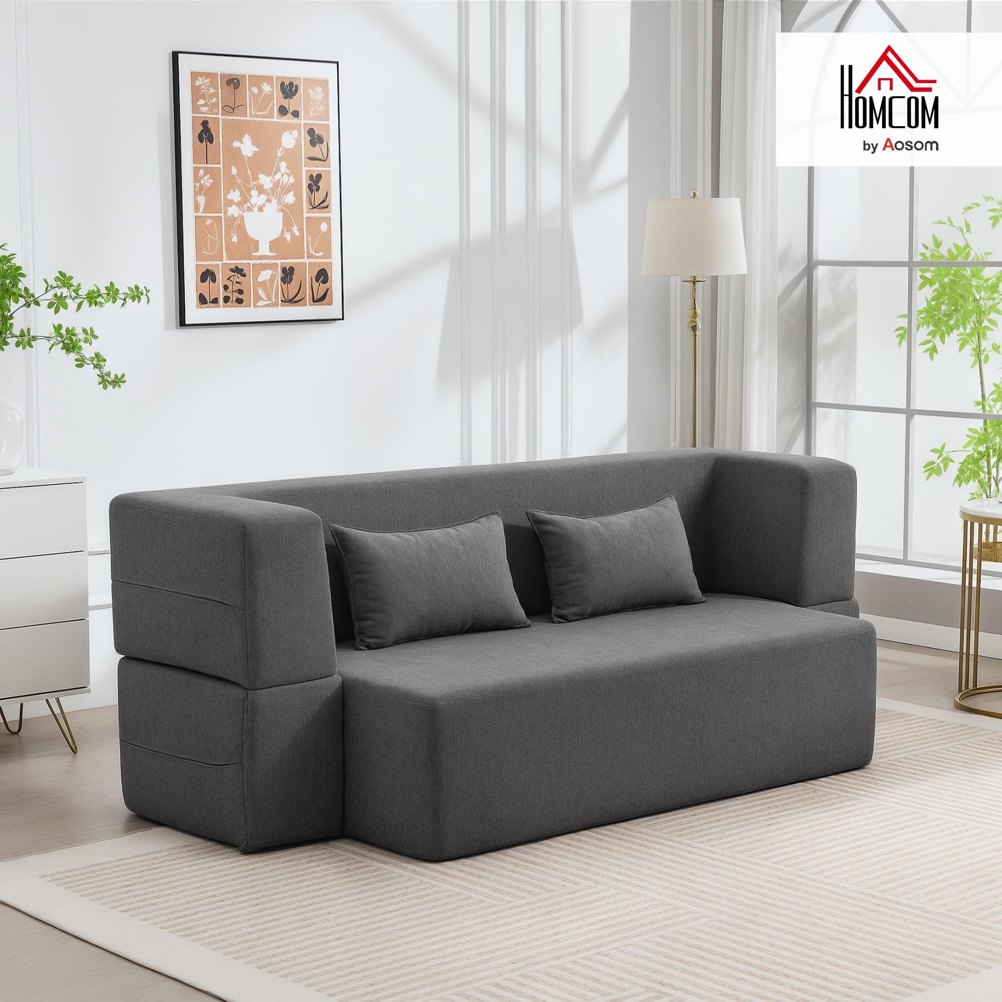 HOMCOM Canapé Convertible 2 Places Canapé-Lit Chenille 203 cm 360kg Gris | Assise et Accoudoirs Larges, 2 Coussins, Entièrement Compressé, pour Salon, Petit Espace, Aucun Assemblage Requis