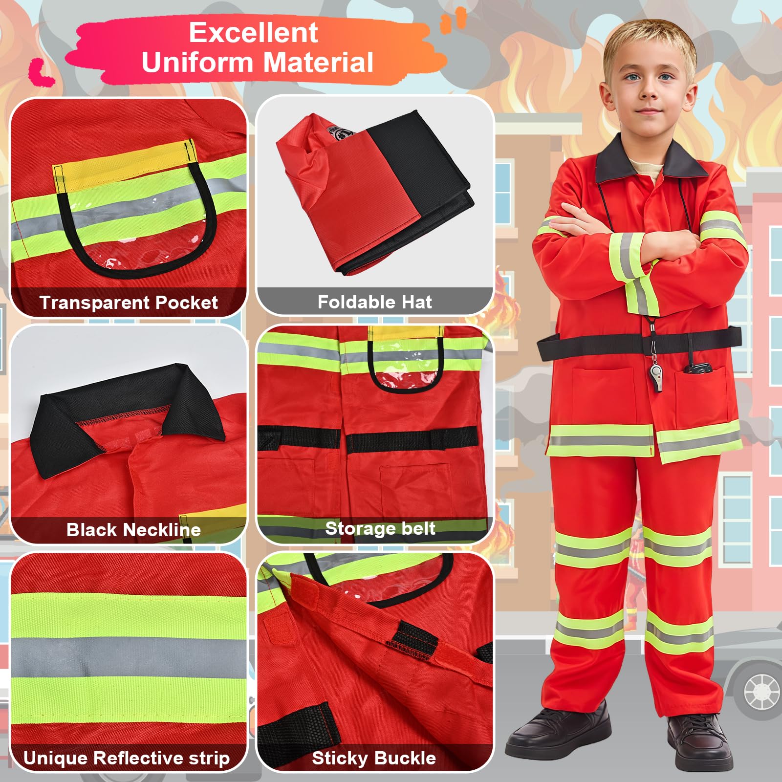 Luckyou Vestito Pompiere Bambino Costume da Pompiere per Bambini con Accessori Costume da Capo dei Pompieri Esercitazioni Antincendio Cosplay Halloween Carnevale