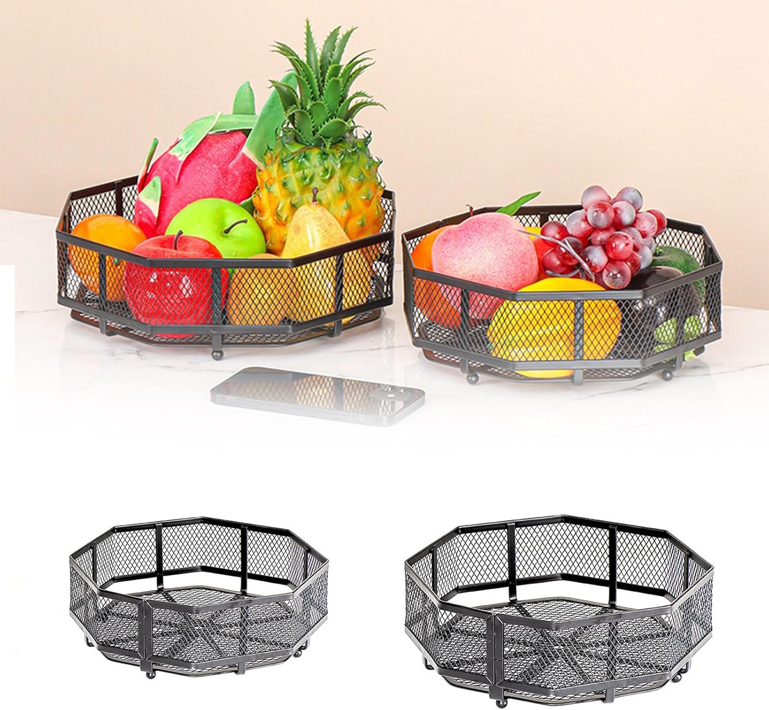 2 Pieces Fruit Baskets For Kitchen Decoration Metal Vegetable Holder Snacks Storage Organizers For Home And Office Storage Organizers