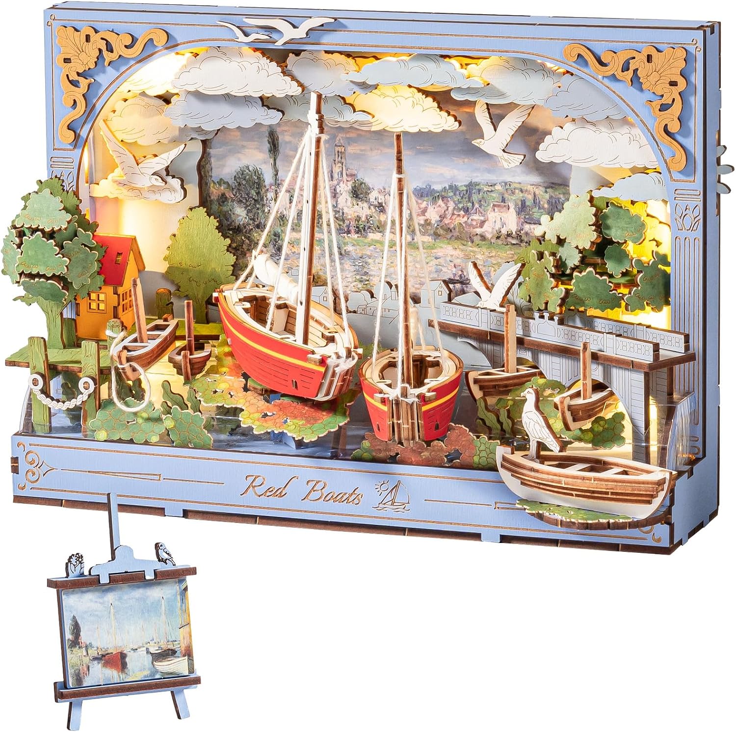 Rowood Red Boat 3D Puzzles for Adults,Wooden Claude Monet Painting Artwork Craft Kits for Adults,DIY Wall Art Building Set with LED,Home Decor Table Art Collection Gift on Christmas