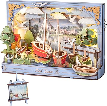 Rowood Red Boat 3D Puzzles for Adults,Wooden Claude Monet Painting Artwork Craft Kits for Adults,DIY Wall Art Building Set with LED,Home Decor Table Art Collection Gift on Christmas